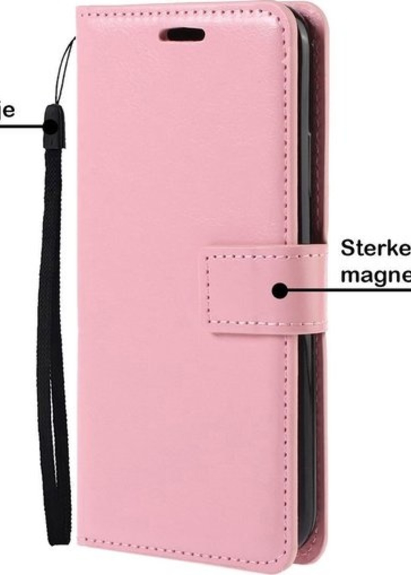 BTH Hoesje Geschikt voor iPhone 12 Hoesje Book Case Hoes Portemonnee Cover Walletcase Met 2x Screenprotector - Hoes Geschikt voor iPhone 12 Hoes Bookcase Hoesje - Lichtroze