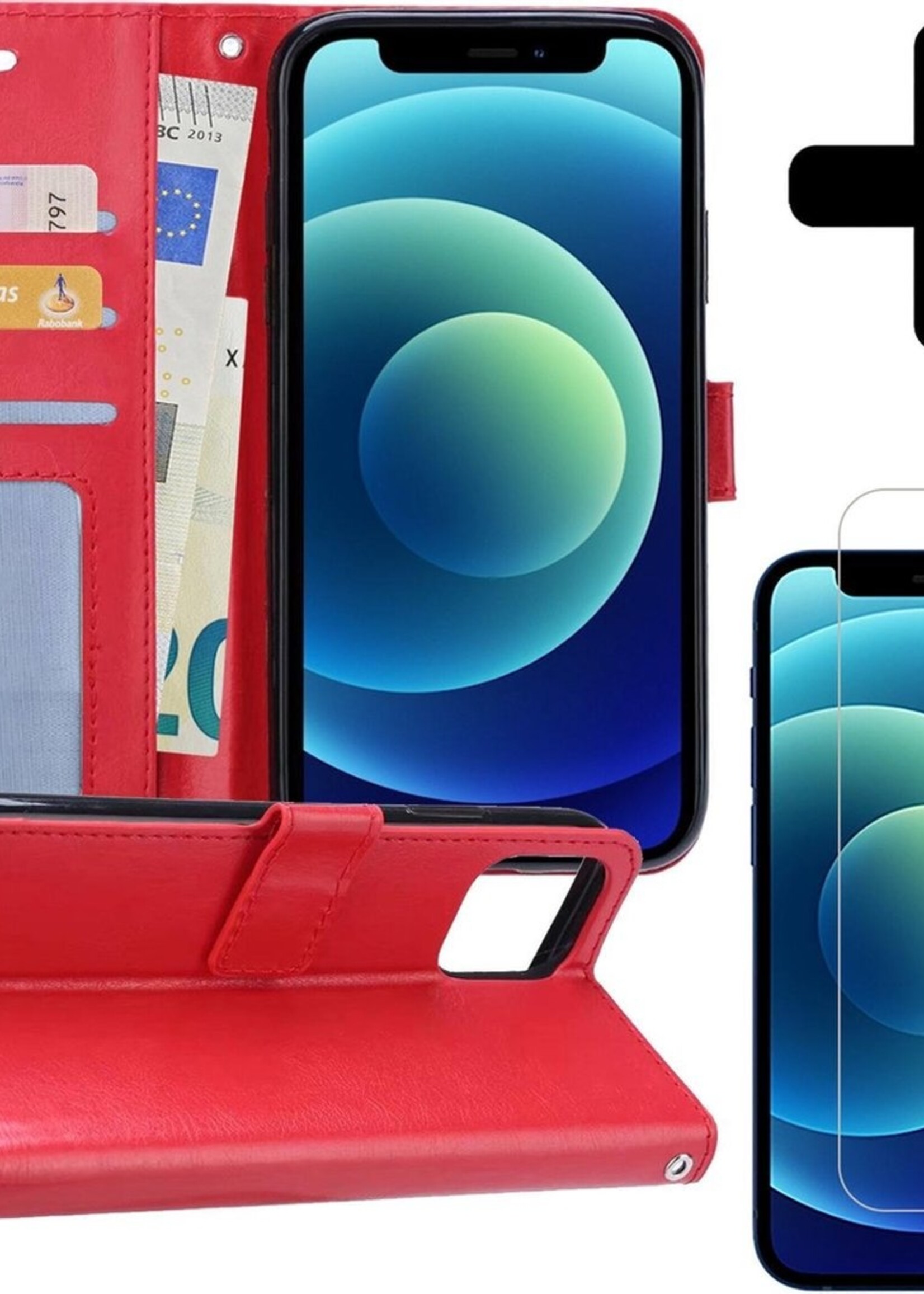 BTH Hoesje Geschikt voor iPhone 12 Hoesje Book Case Hoes Portemonnee Cover Walletcase Met Screenprotector - Hoes Geschikt voor iPhone 12 Hoes Bookcase Hoesje - Rood