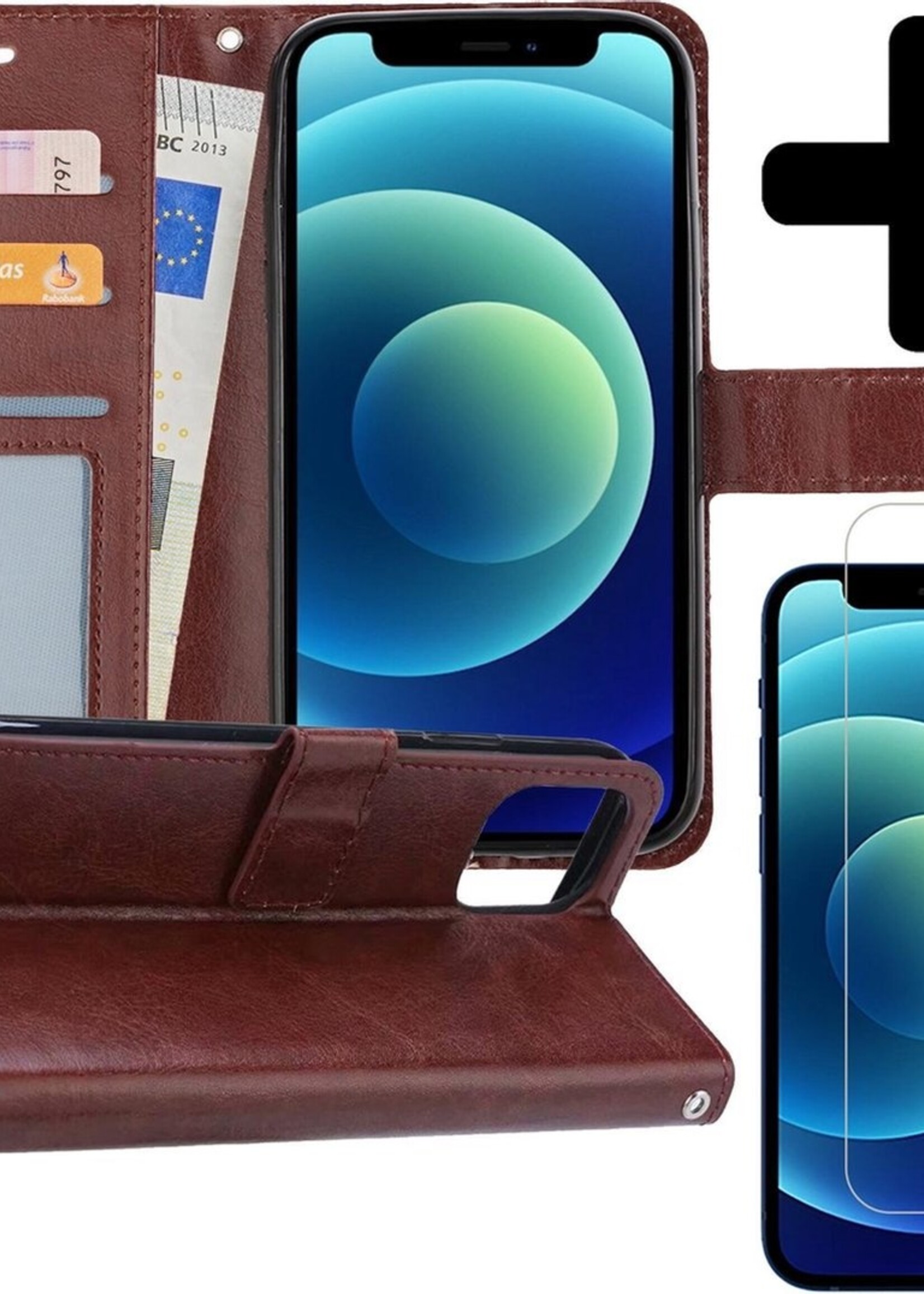 BTH Hoesje Geschikt voor iPhone 12 Hoesje Book Case Hoes Portemonnee Cover Walletcase Met Screenprotector - Hoes Geschikt voor iPhone 12 Hoes Bookcase Hoesje - Bruin
