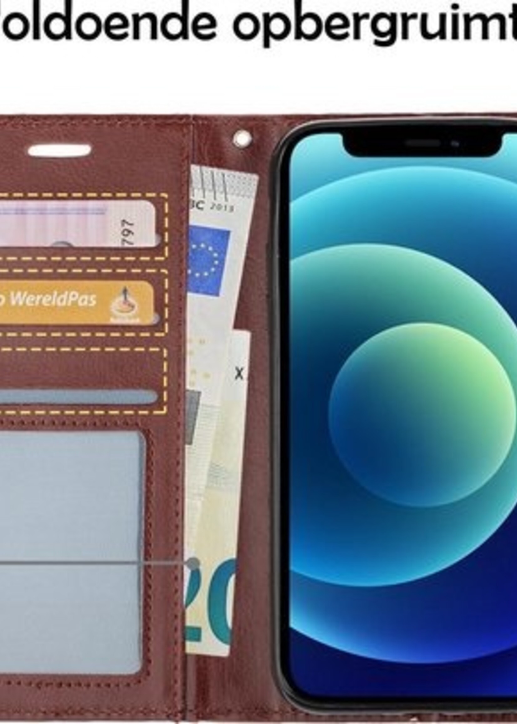 BTH Hoesje Geschikt voor iPhone 12 Hoesje Book Case Hoes Portemonnee Cover Walletcase Met Screenprotector - Hoes Geschikt voor iPhone 12 Hoes Bookcase Hoesje - Bruin
