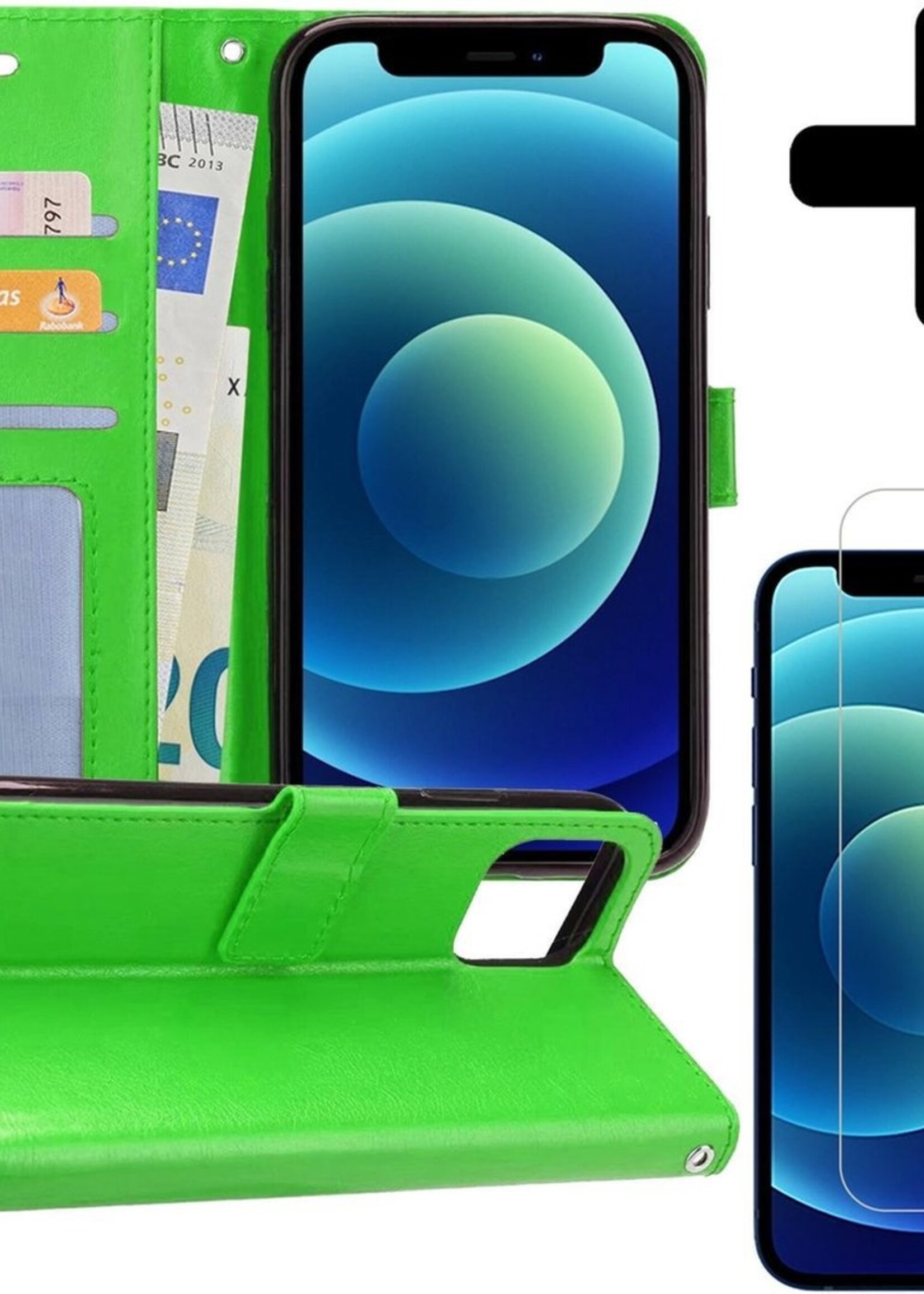 BTH Hoesje Geschikt voor iPhone 12 Hoesje Book Case Hoes Portemonnee Cover Walletcase Met Screenprotector - Hoes Geschikt voor iPhone 12 Hoes Bookcase Hoesje - Groen