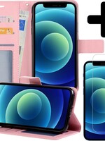 BTH BTH iPhone 12 Hoesje Bookcase met screenprotector met dichte notch - Lichtroze