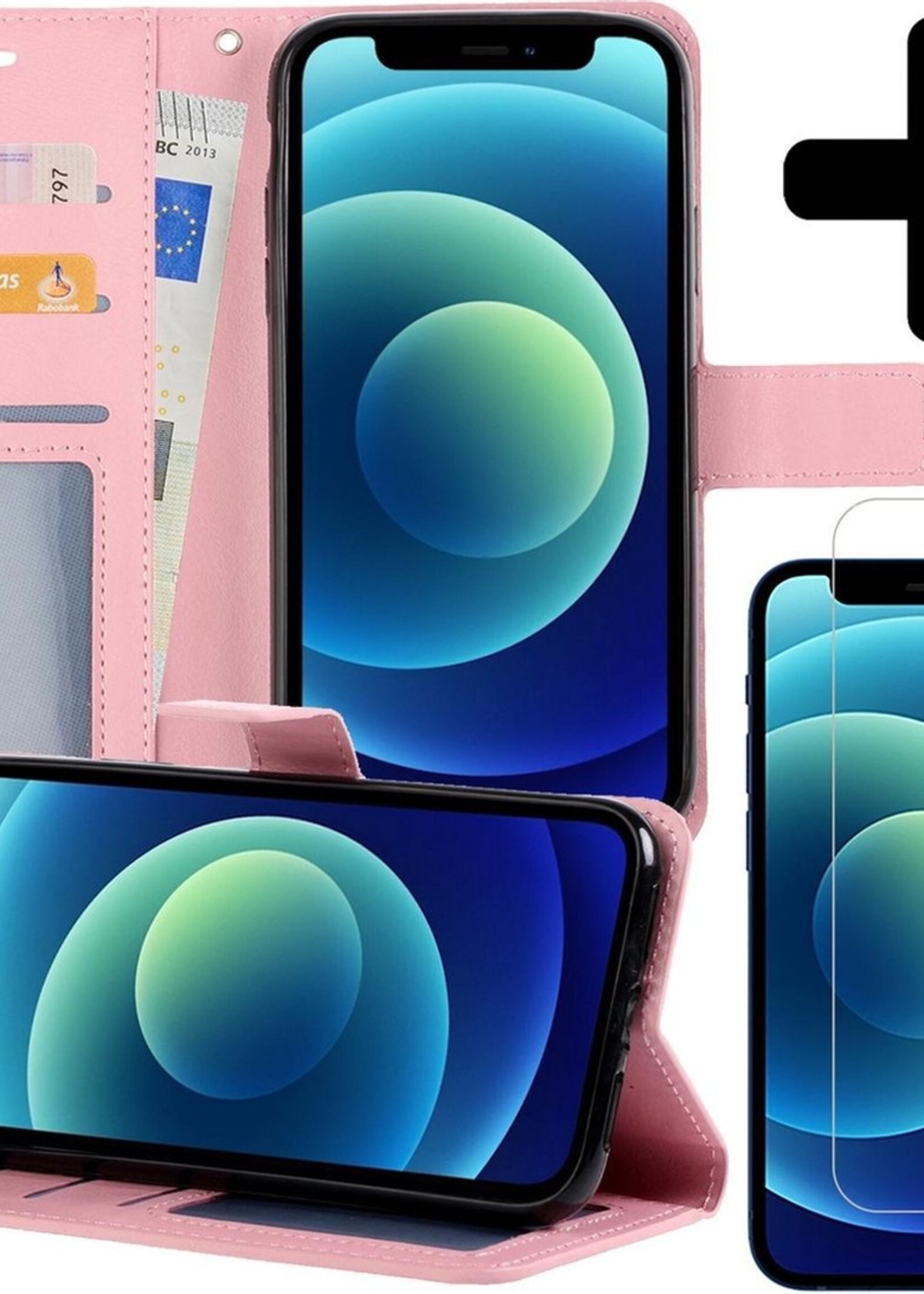 BTH Hoesje Geschikt voor iPhone 12 Hoesje Book Case Hoes Portemonnee Cover Walletcase Met Screenprotector - Hoes Geschikt voor iPhone 12 Hoes Bookcase Hoesje - Lichtroze