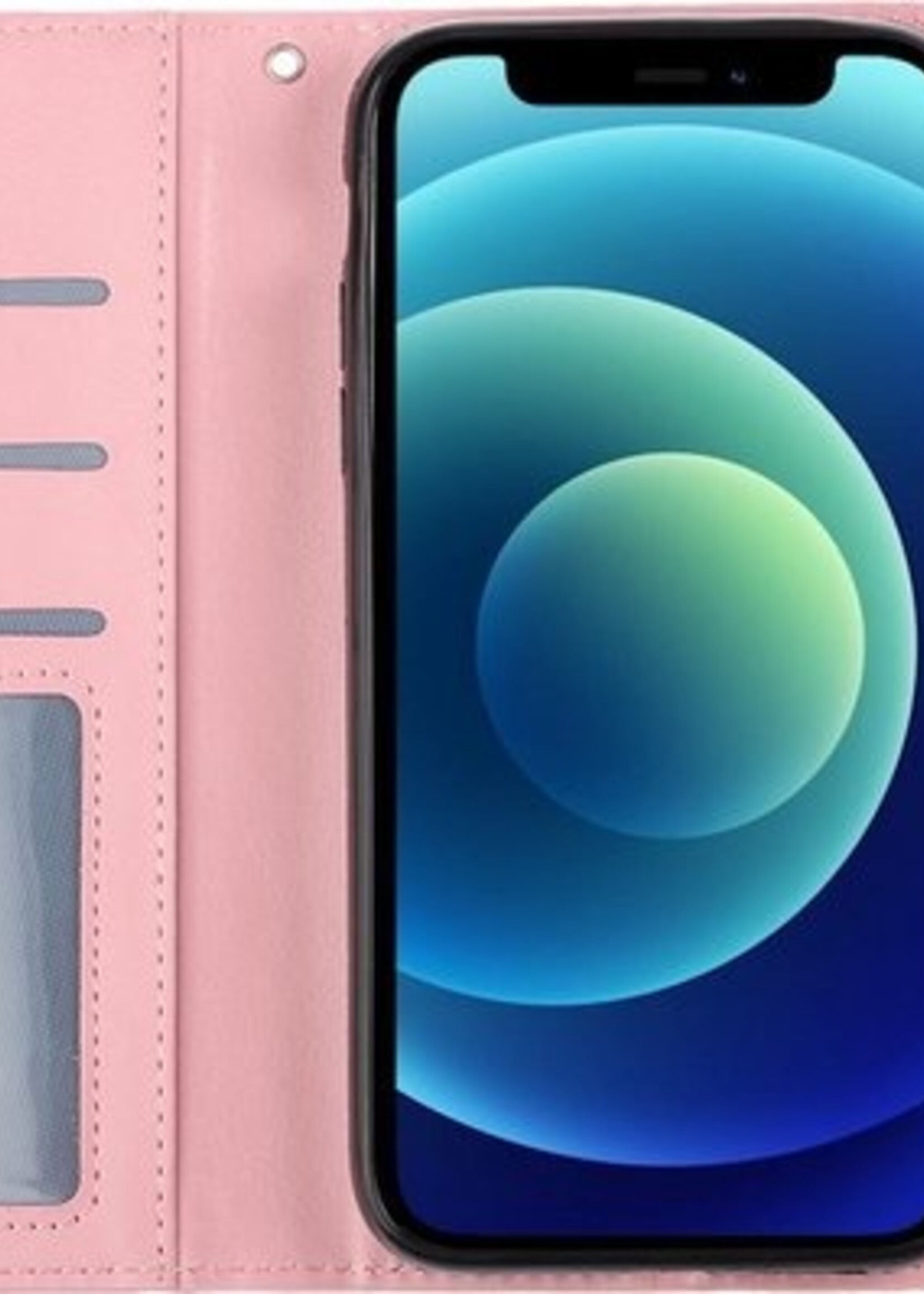 BTH Hoesje Geschikt voor iPhone 12 Hoesje Book Case Hoes Portemonnee Cover Walletcase Met Screenprotector - Hoes Geschikt voor iPhone 12 Hoes Bookcase Hoesje - Lichtroze