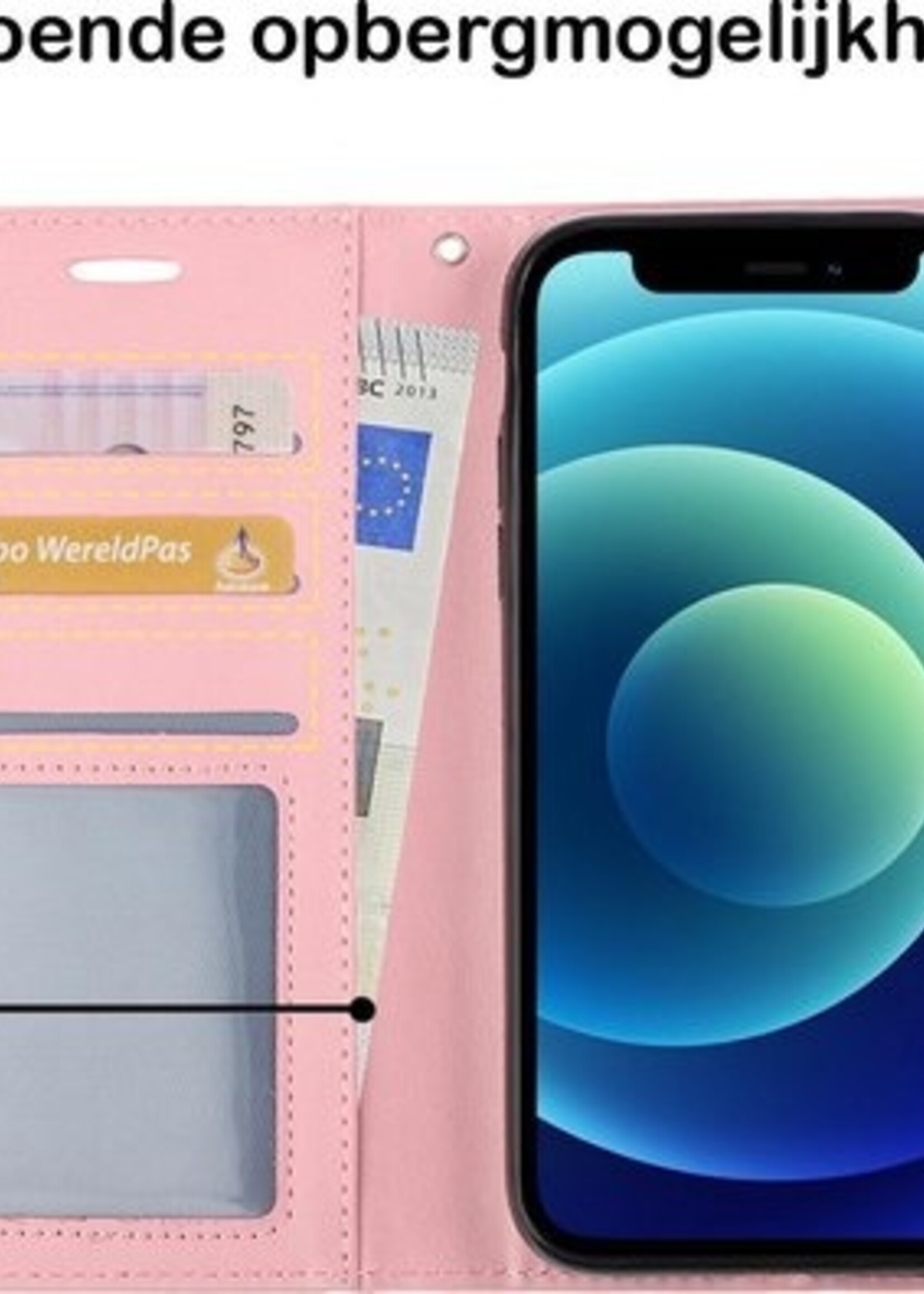 BTH Hoesje Geschikt voor iPhone 12 Hoesje Book Case Hoes Portemonnee Cover Walletcase Met Screenprotector - Hoes Geschikt voor iPhone 12 Hoes Bookcase Hoesje - Lichtroze