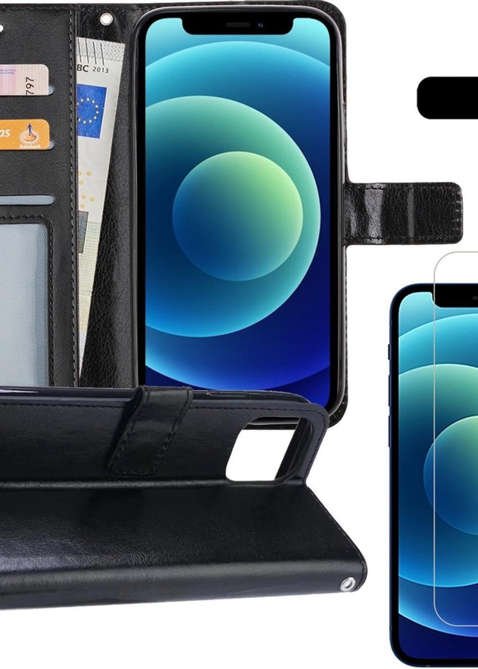 BTH Hoesje Geschikt voor iPhone 12 Hoesje Book Case Hoes Portemonnee Cover Walletcase Met Screenprotector - Hoes Geschikt voor iPhone 12 Hoes Bookcase Hoesje - Zwart