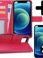 BTH BTH iPhone 12 Hoesje Bookcase met 2x screenprotector met dichte notch - Donkerroze