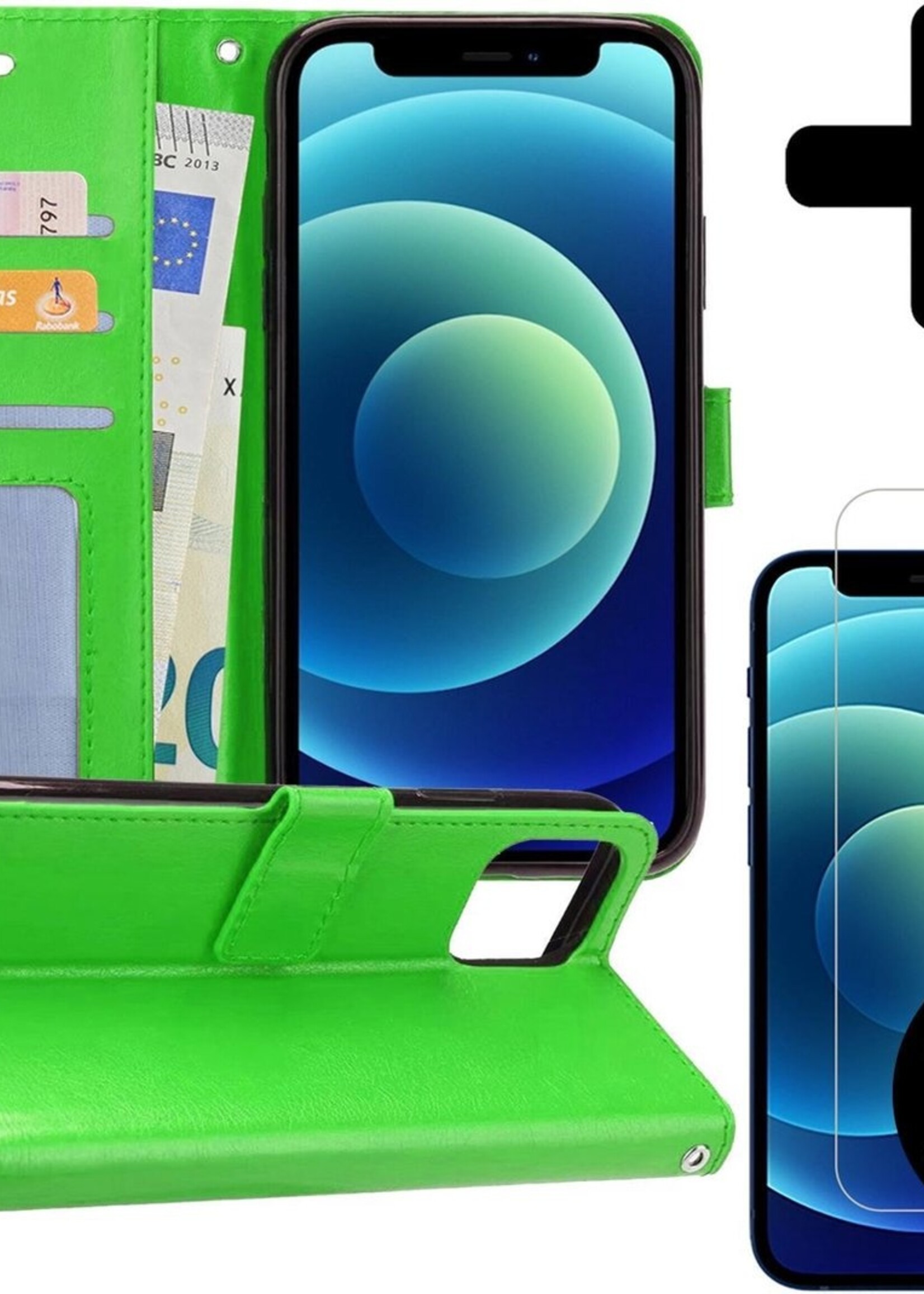 BTH Hoesje Geschikt voor iPhone 12 Hoesje Book Case Hoes Portemonnee Cover Walletcase Met 2x Screenprotector - Hoes Geschikt voor iPhone 12 Hoes Bookcase Hoesje - Groen