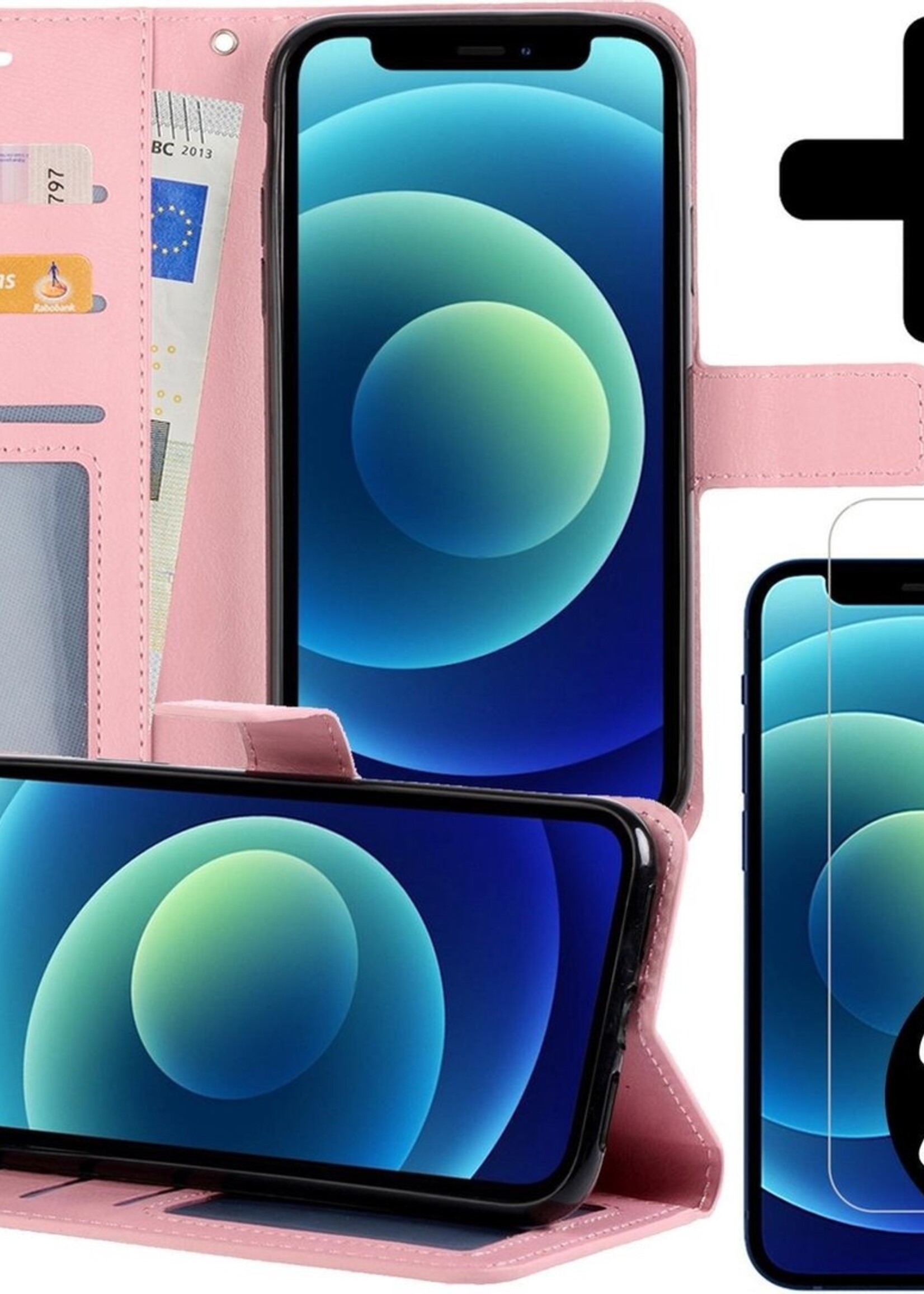 BTH Hoesje Geschikt voor iPhone 12 Hoesje Book Case Hoes Portemonnee Cover Walletcase Met 2x Screenprotector - Hoes Geschikt voor iPhone 12 Hoes Bookcase Hoesje - Lichtroze