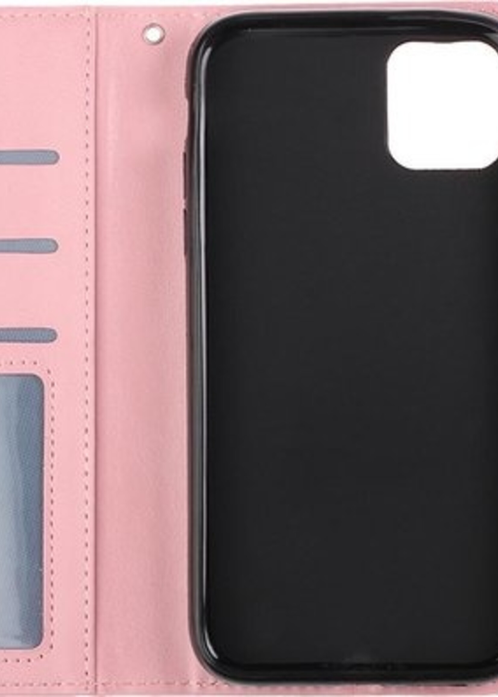 BTH Hoesje Geschikt voor iPhone 12 Hoesje Book Case Hoes Portemonnee Cover Walletcase Met 2x Screenprotector - Hoes Geschikt voor iPhone 12 Hoes Bookcase Hoesje - Lichtroze