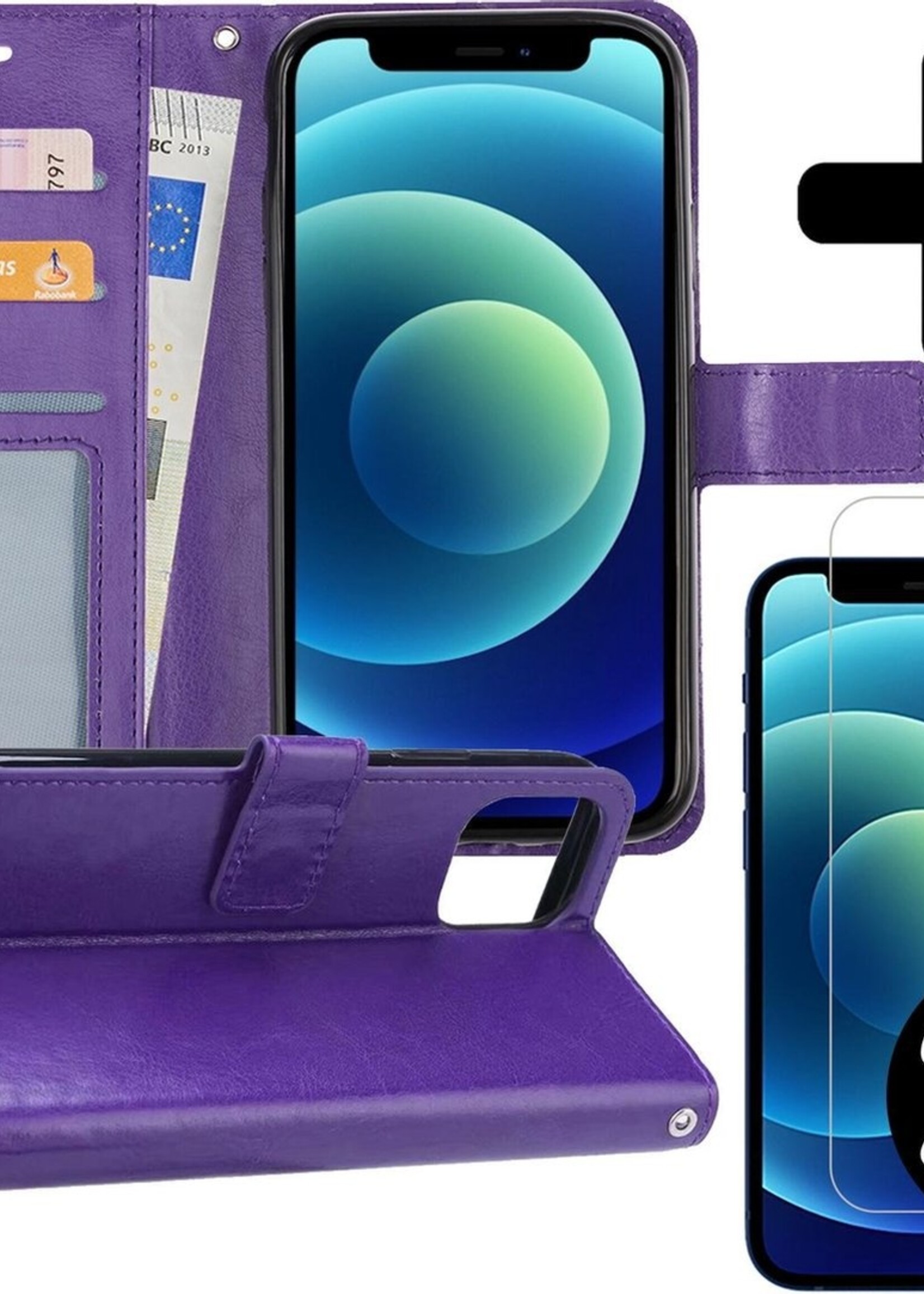 BTH Hoesje Geschikt voor iPhone 12 Hoesje Book Case Hoes Portemonnee Cover Walletcase Met 2x Screenprotector - Hoes Geschikt voor iPhone 12 Hoes Bookcase Hoesje - Paars