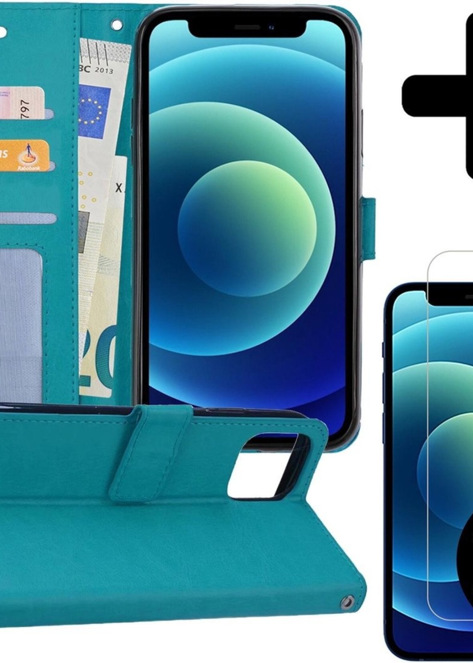 BTH Hoesje Geschikt voor iPhone 12 Hoesje Book Case Hoes Portemonnee Cover Walletcase Met 2x Screenprotector - Hoes Geschikt voor iPhone 12 Hoes Bookcase Hoesje - Turquoise