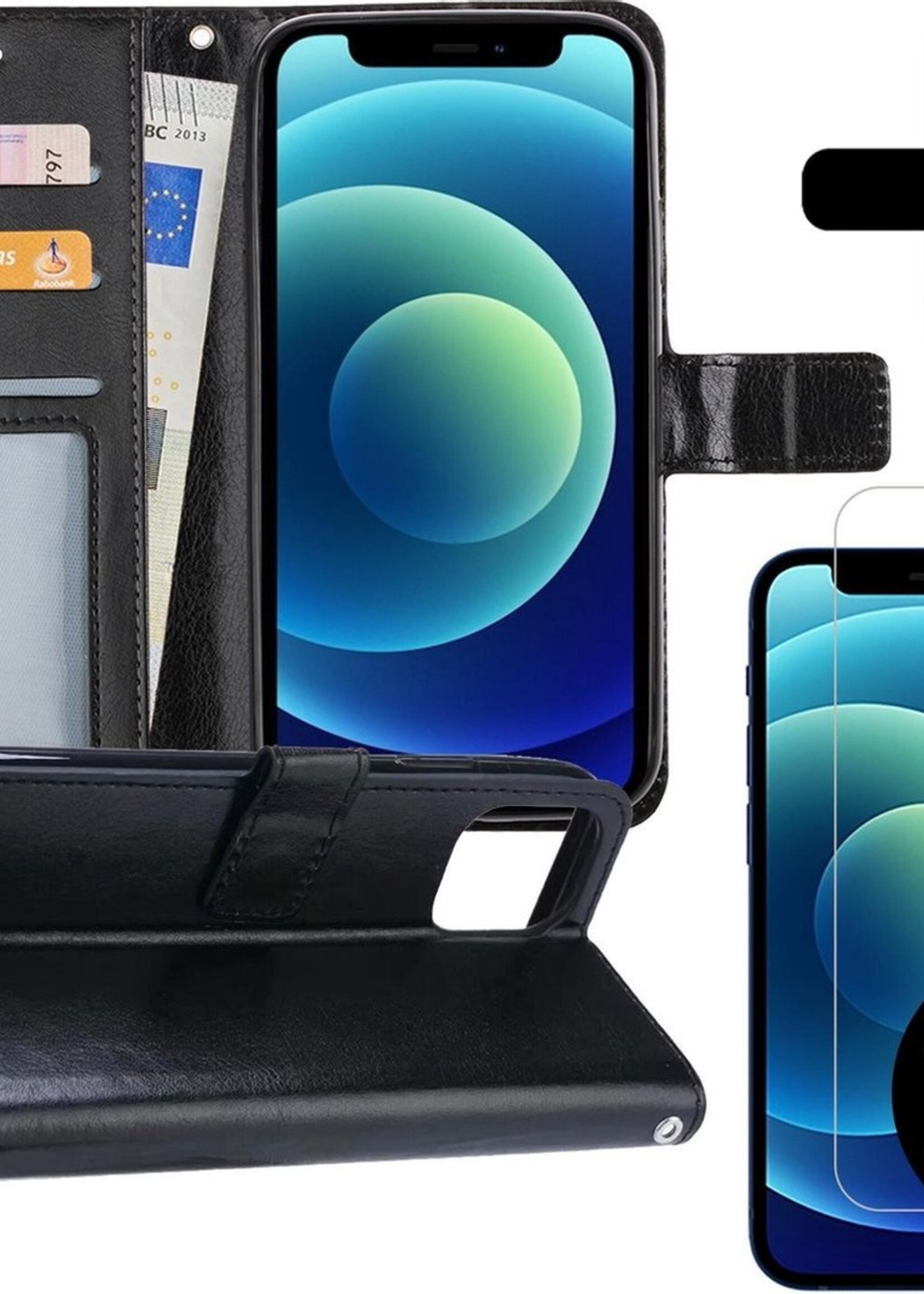 BTH Hoesje Geschikt voor iPhone 12 Hoesje Book Case Hoes Portemonnee Cover Walletcase Met 2x Screenprotector - Hoes Geschikt voor iPhone 12 Hoes Bookcase Hoesje - Zwart