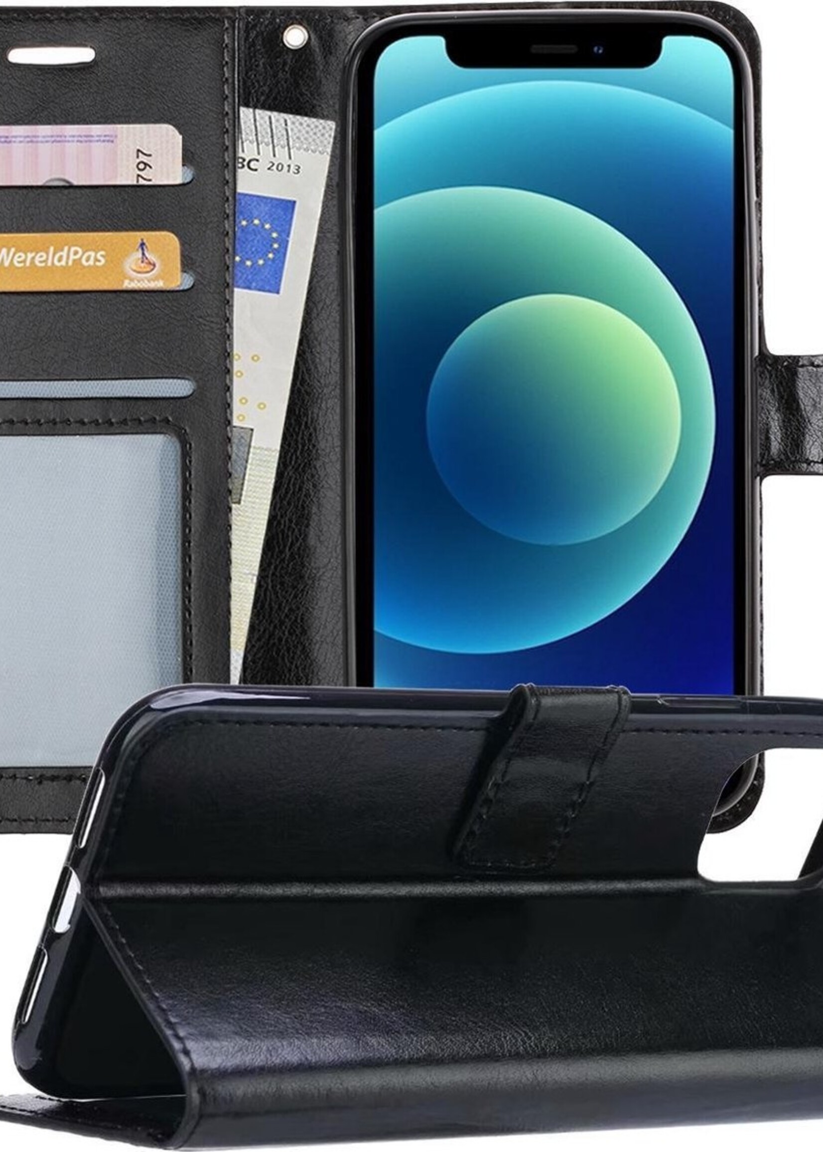 BTH Hoesje Geschikt voor iPhone 12 Mini Hoesje Book Case Hoes Portemonnee Cover Walletcase - Hoes Geschikt voor iPhone 12 Mini Hoes Bookcase Hoesje - Zwart