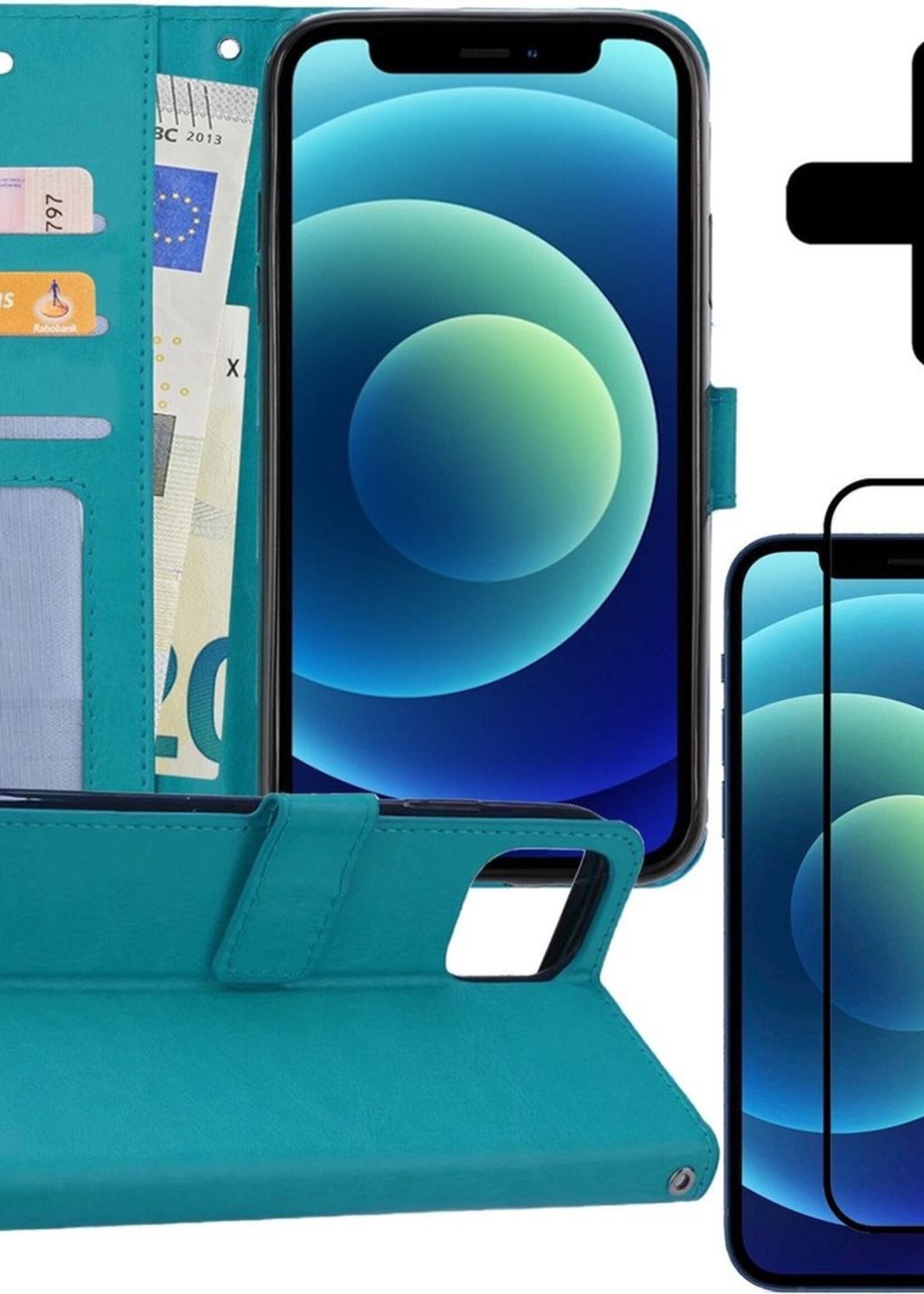BTH Hoesje Geschikt voor iPhone 12 Mini Hoesje Book Case Hoes Portemonnee Cover Walletcase Met Screenprotector - Hoes Geschikt voor iPhone 12 Mini Hoes Bookcase Hoesje - Turquoise