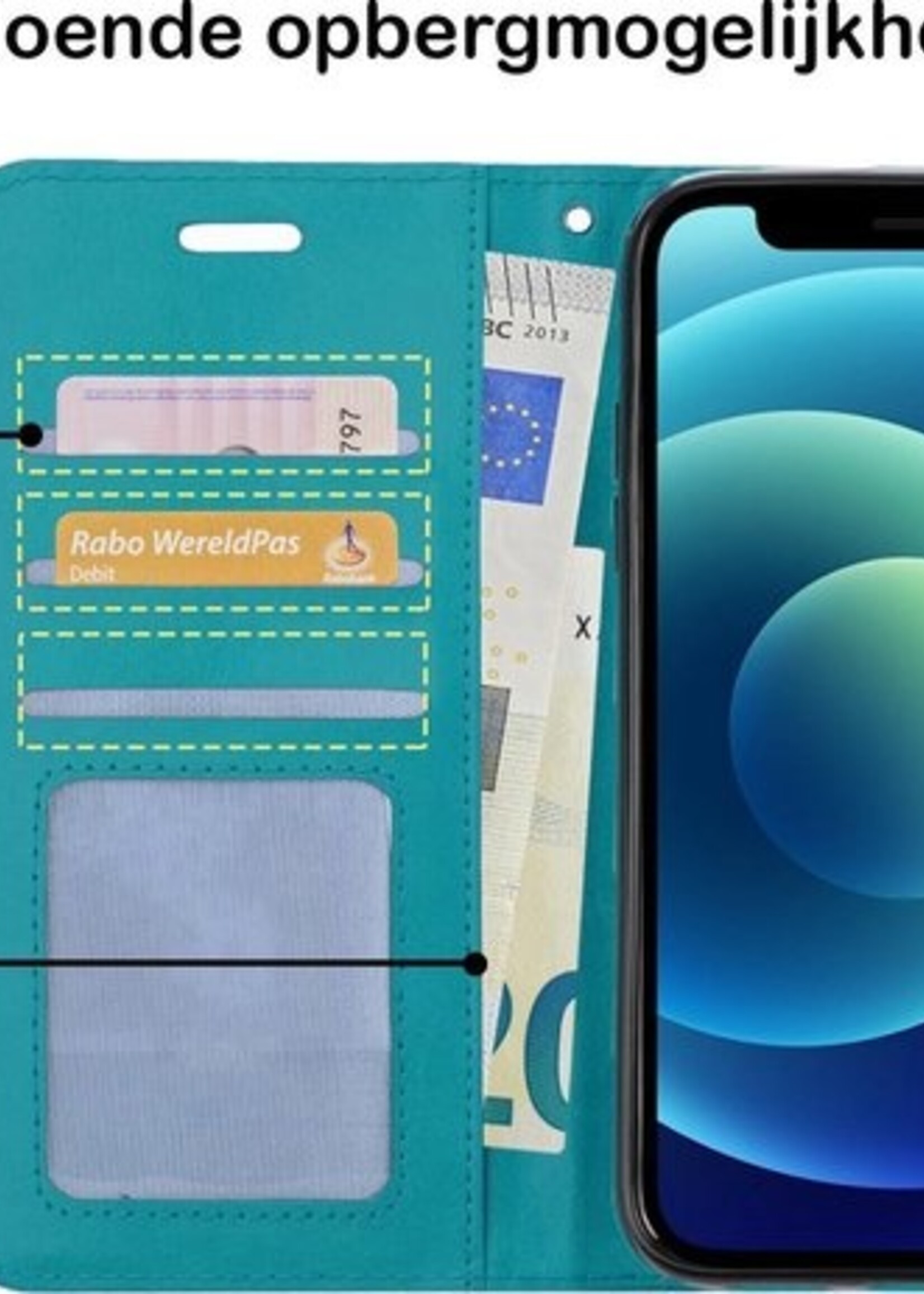 BTH Hoesje Geschikt voor iPhone 12 Mini Hoesje Book Case Hoes Portemonnee Cover Walletcase Met Screenprotector - Hoes Geschikt voor iPhone 12 Mini Hoes Bookcase Hoesje - Turquoise