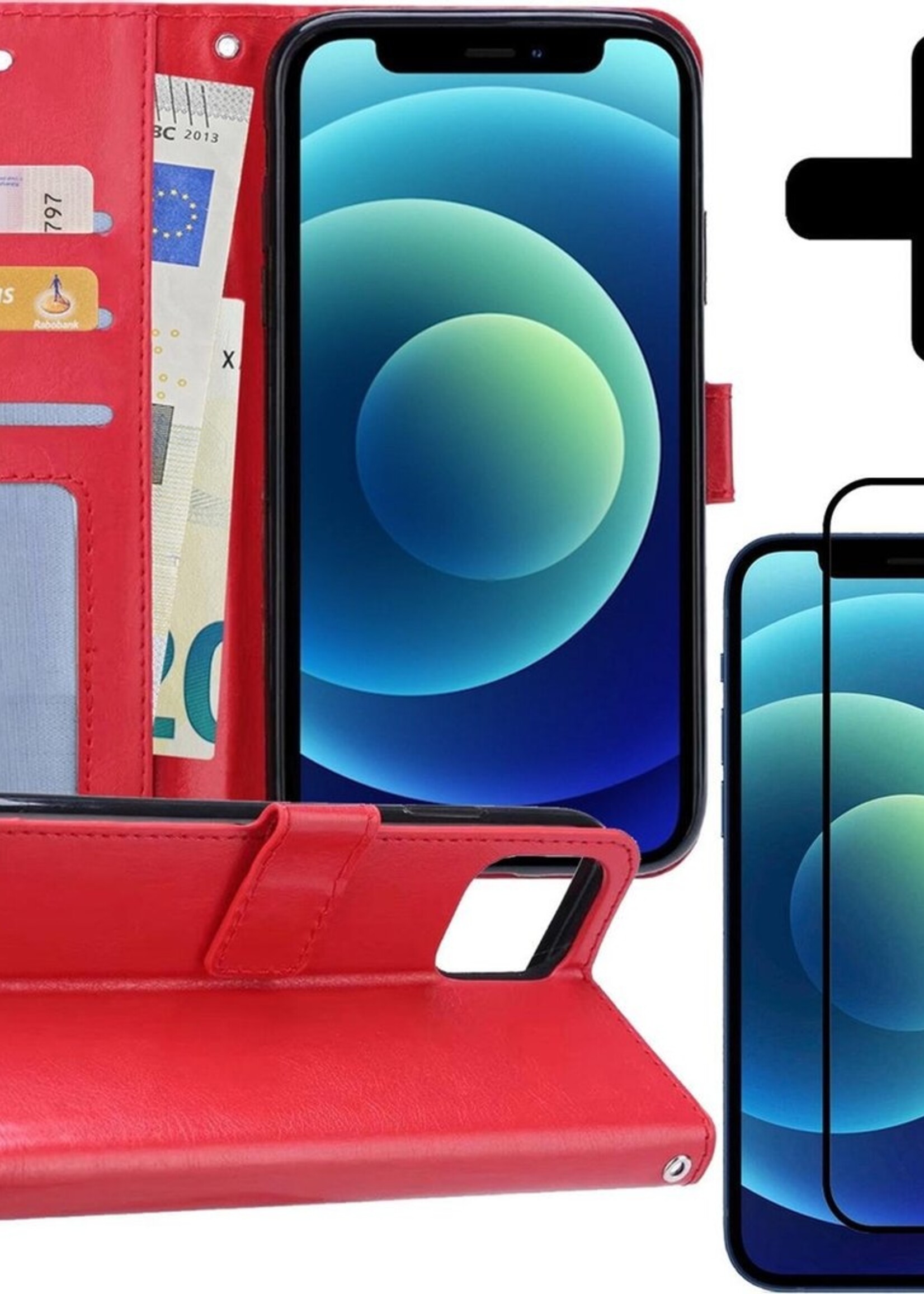 BTH Hoesje Geschikt voor iPhone 12 Pro Max Hoesje Book Case Hoes Portemonnee Cover Walletcase Met Screenprotector - Hoes Geschikt voor iPhone 12 Pro Max Hoes Bookcase Hoesje - Rood