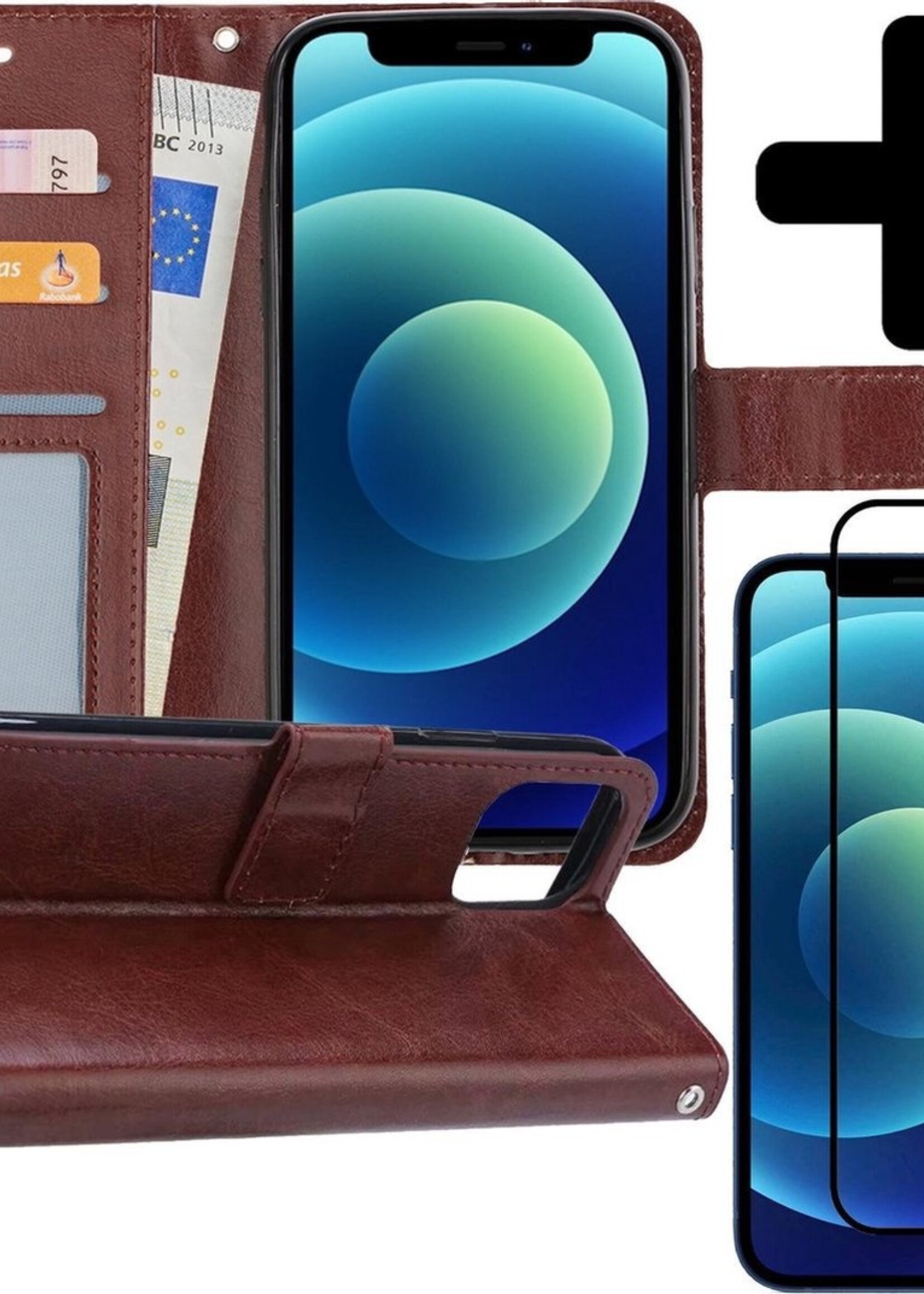 BTH Hoesje Geschikt voor iPhone 12 Pro Max Hoesje Book Case Hoes Portemonnee Cover Walletcase Met Screenprotector - Hoes Geschikt voor iPhone 12 Pro Max Hoes Bookcase Hoesje - Bruin