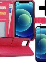 BTH BTH iPhone 12 Pro Max Hoesje Bookcase met screenprotector full cover - Donkerroze