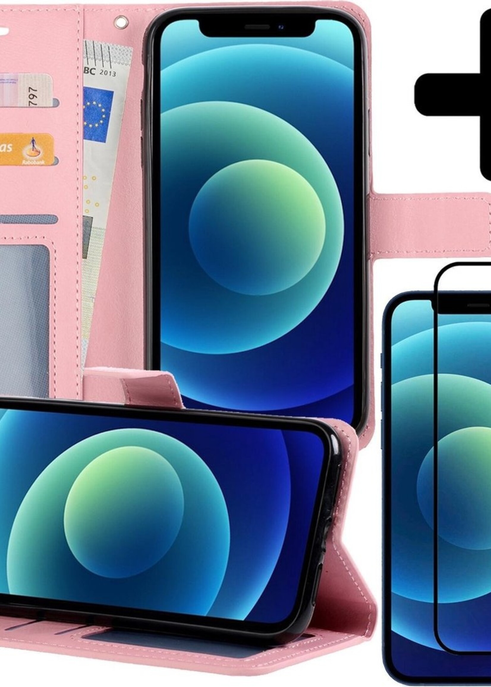 BTH Hoesje Geschikt voor iPhone 12 Pro Max Hoesje Book Case Hoes Portemonnee Cover Walletcase Met Screenprotector - Hoes Geschikt voor iPhone 12 Pro Max Hoes Bookcase Hoesje - Lichtroze