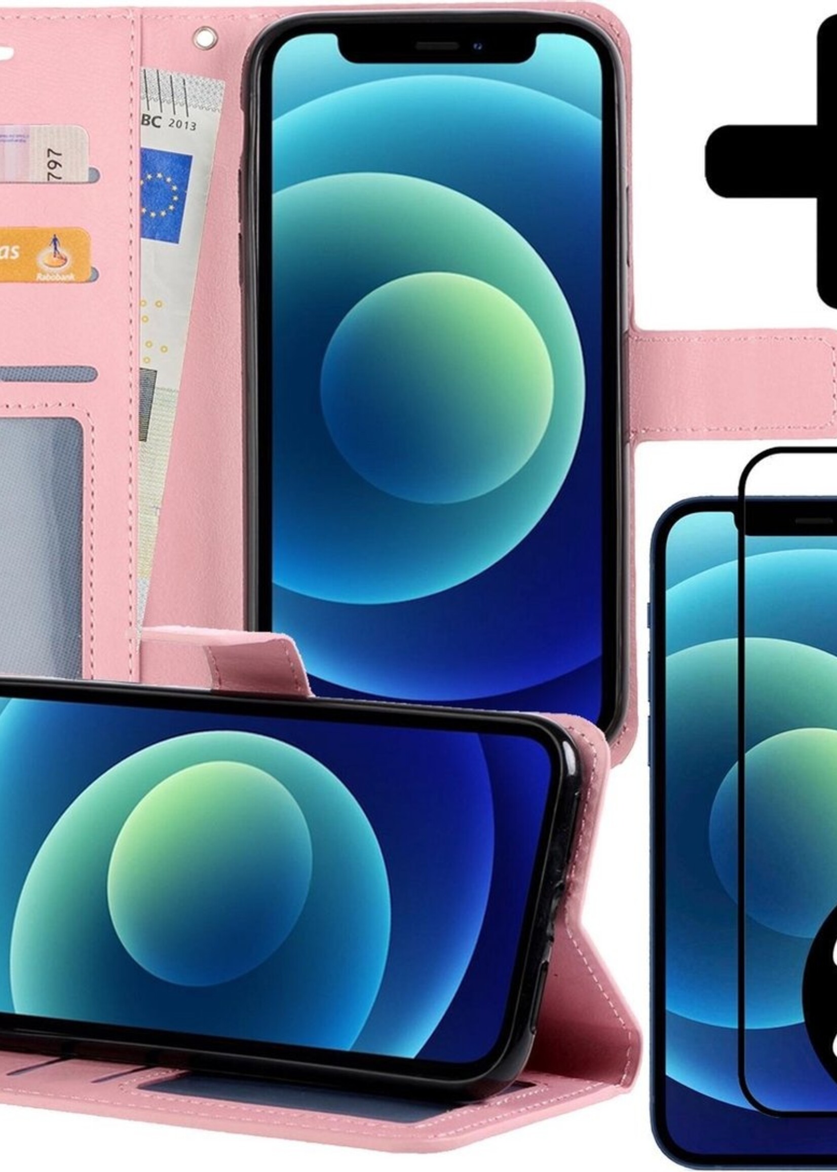 BTH Hoesje Geschikt voor iPhone 12 Mini Hoesje Book Case Hoes Portemonnee Cover Walletcase Met 2x Screenprotector - Hoes Geschikt voor iPhone 12 Mini Hoes Bookcase Hoesje - Lichtroze