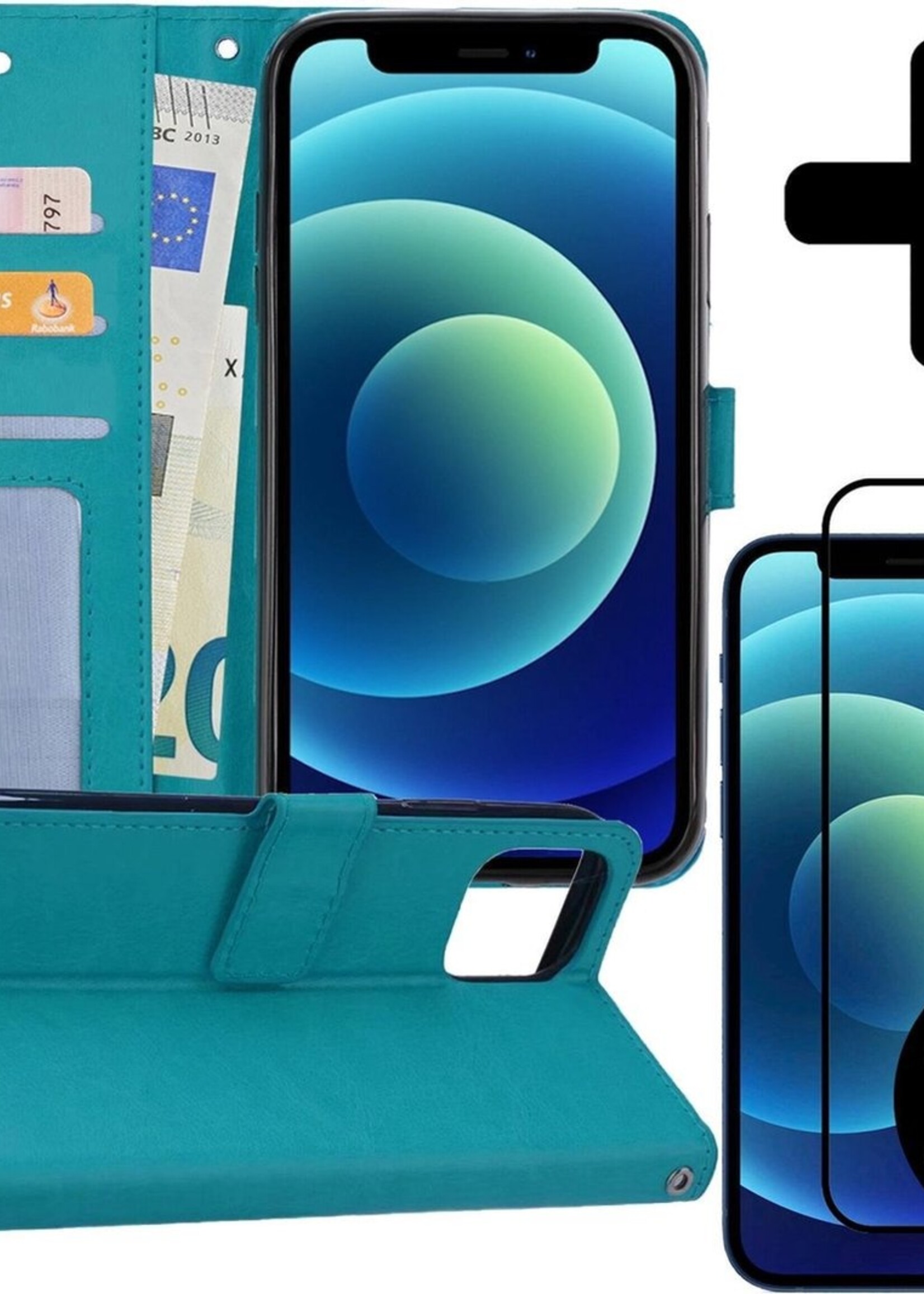 BTH Hoesje Geschikt voor iPhone 12 Mini Hoesje Book Case Hoes Portemonnee Cover Walletcase Met 2x Screenprotector - Hoes Geschikt voor iPhone 12 Mini Hoes Bookcase Hoesje - Turquoise