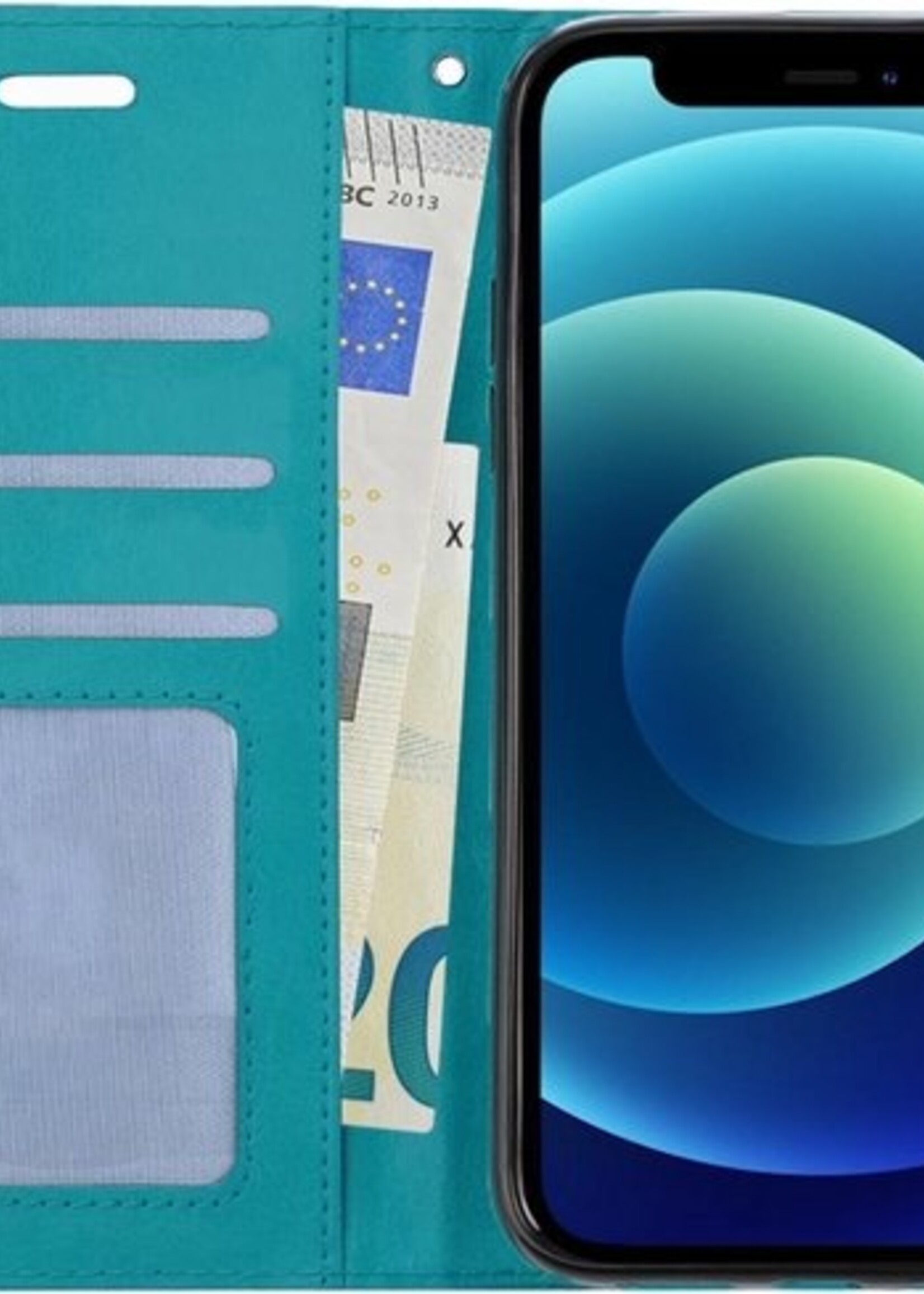 BTH Hoesje Geschikt voor iPhone 12 Mini Hoesje Book Case Hoes Portemonnee Cover Walletcase Met 2x Screenprotector - Hoes Geschikt voor iPhone 12 Mini Hoes Bookcase Hoesje - Turquoise