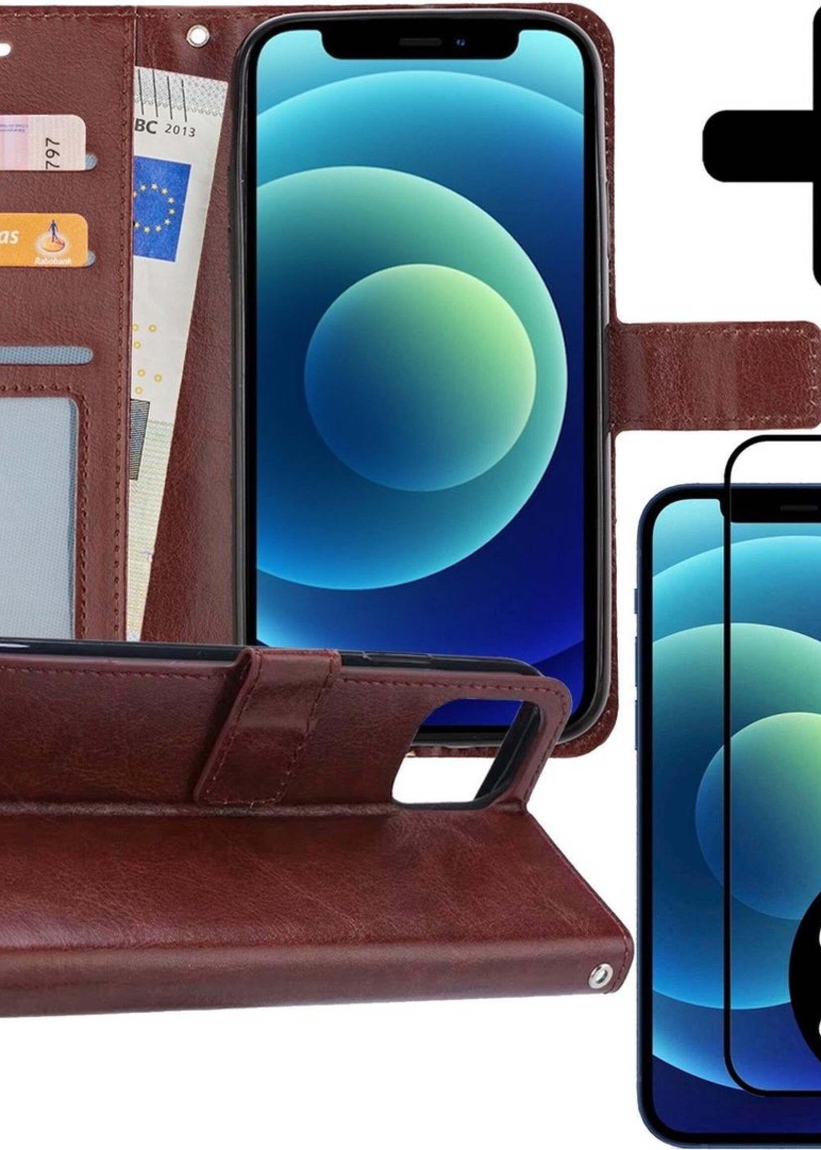 BTH Hoesje Geschikt voor iPhone 12 Pro Max Hoesje Book Case Hoes Portemonnee Cover Walletcase Met 2x Screenprotector - Hoes Geschikt voor iPhone 12 Pro Max Hoes Bookcase Hoesje - Bruin