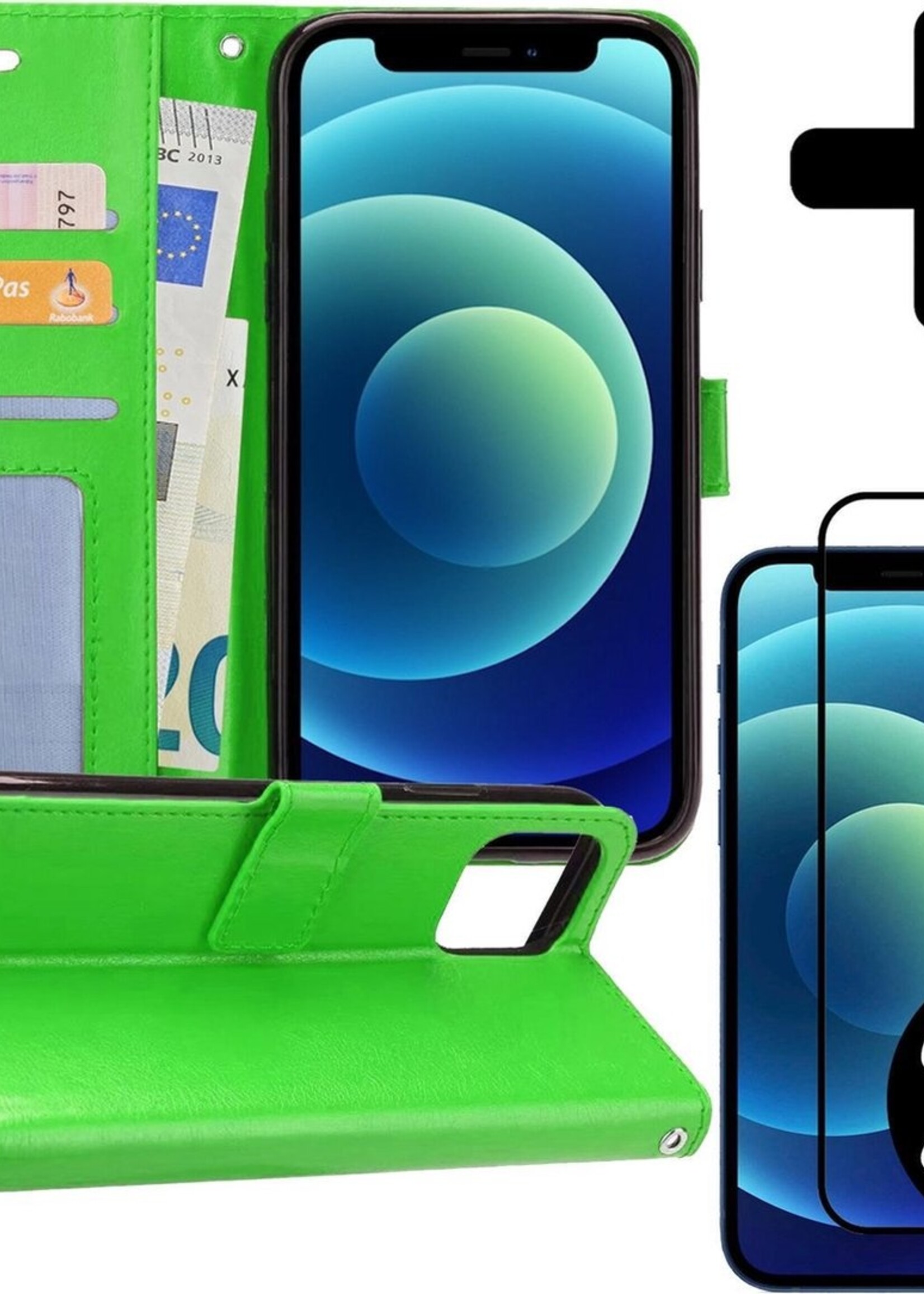 BTH Hoesje Geschikt voor iPhone 12 Pro Max Hoesje Book Case Hoes Portemonnee Cover Walletcase Met 2x Screenprotector - Hoes Geschikt voor iPhone 12 Pro Max Hoes Bookcase Hoesje - Groen