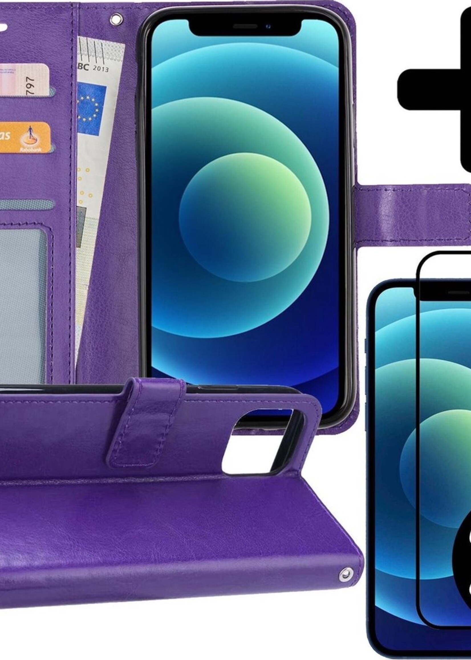 BTH Hoesje Geschikt voor iPhone 12 Pro Max Hoesje Book Case Hoes Portemonnee Cover Walletcase Met 2x Screenprotector - Hoes Geschikt voor iPhone 12 Pro Max Hoes Bookcase Hoesje - Paars