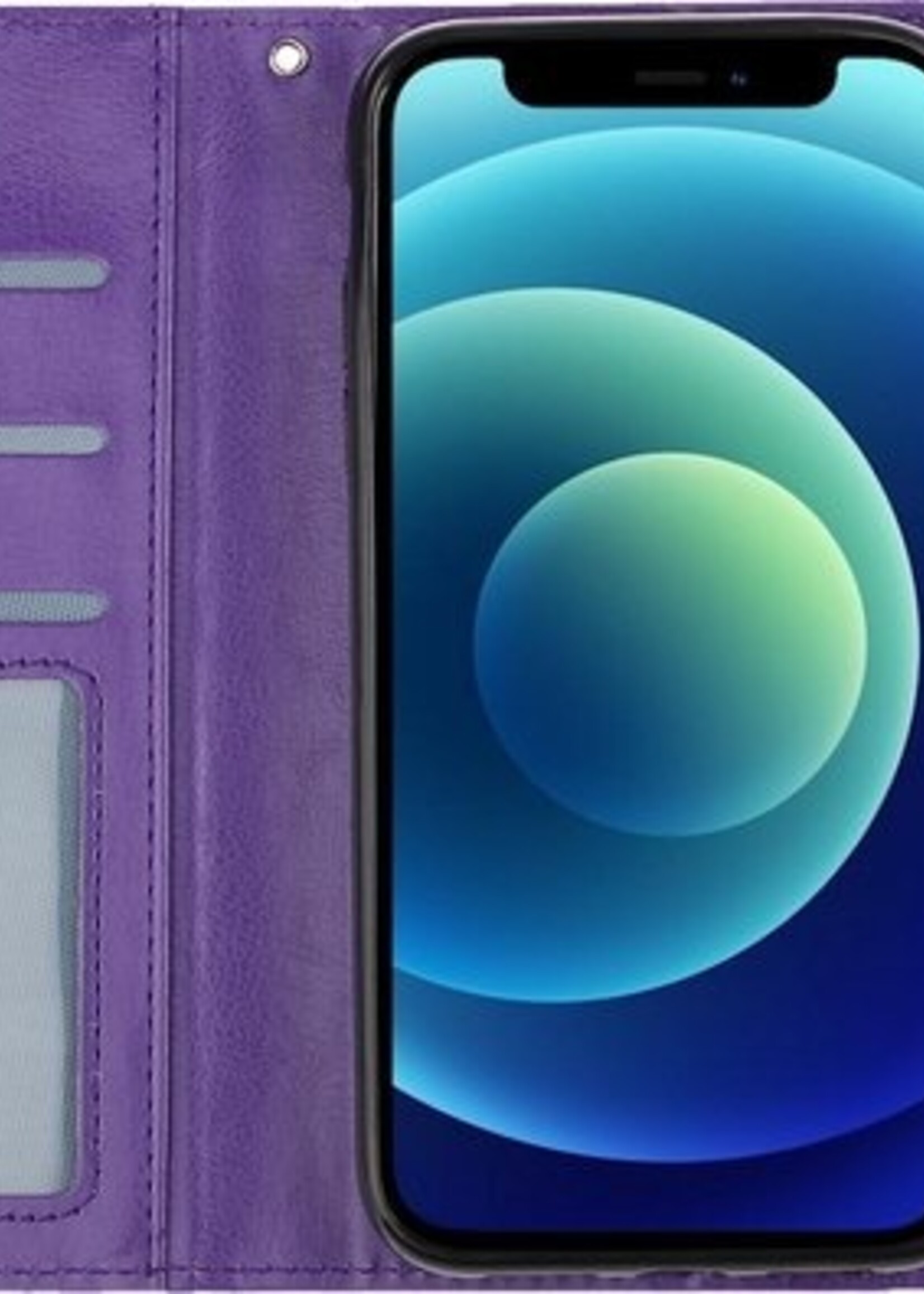 BTH Hoesje Geschikt voor iPhone 12 Pro Max Hoesje Book Case Hoes Portemonnee Cover Walletcase Met 2x Screenprotector - Hoes Geschikt voor iPhone 12 Pro Max Hoes Bookcase Hoesje - Paars