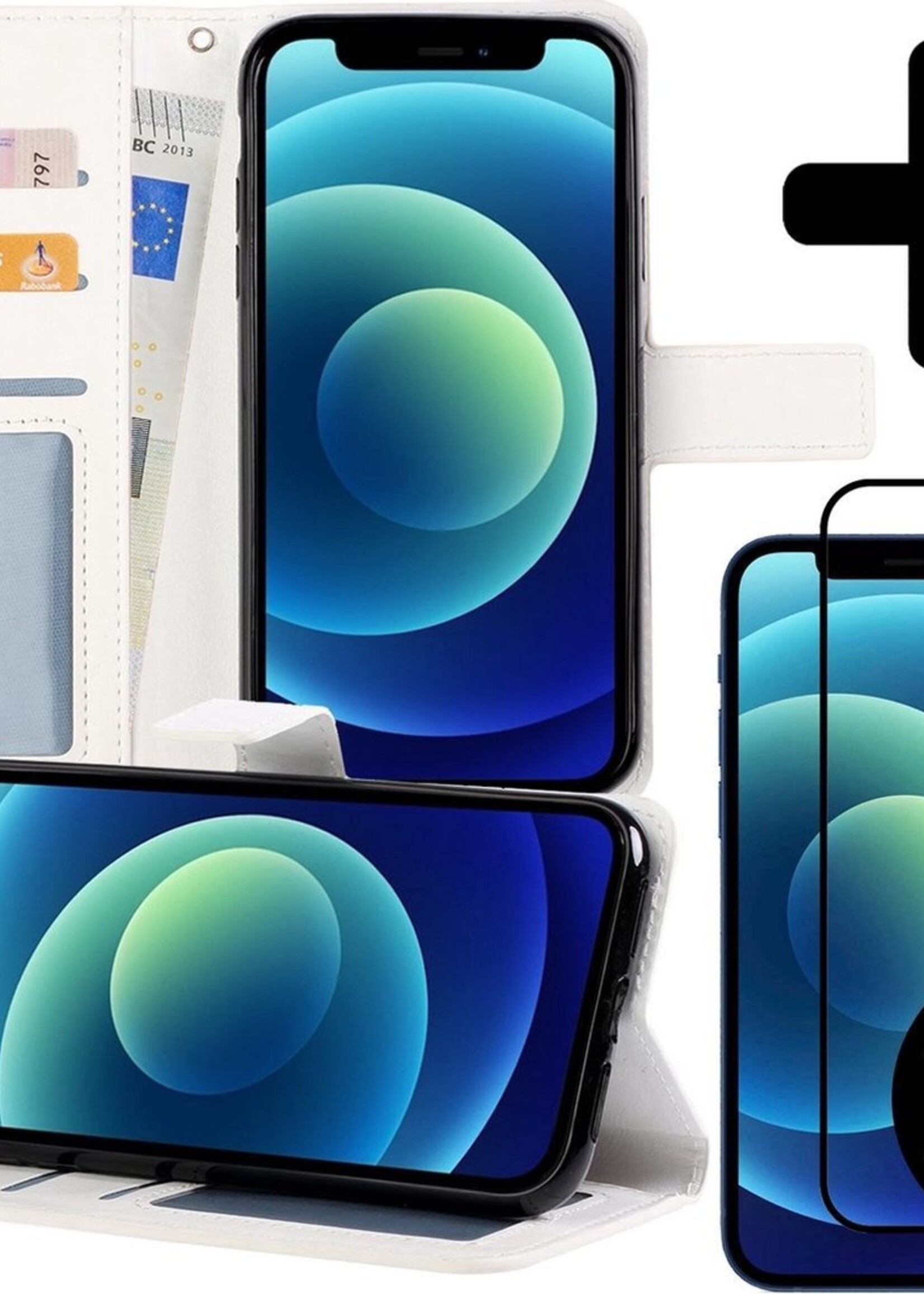 BTH Hoesje Geschikt voor iPhone 12 Pro Max Hoesje Book Case Hoes Portemonnee Cover Walletcase Met 2x Screenprotector - Hoes Geschikt voor iPhone 12 Pro Max Hoes Bookcase Hoesje - Wit