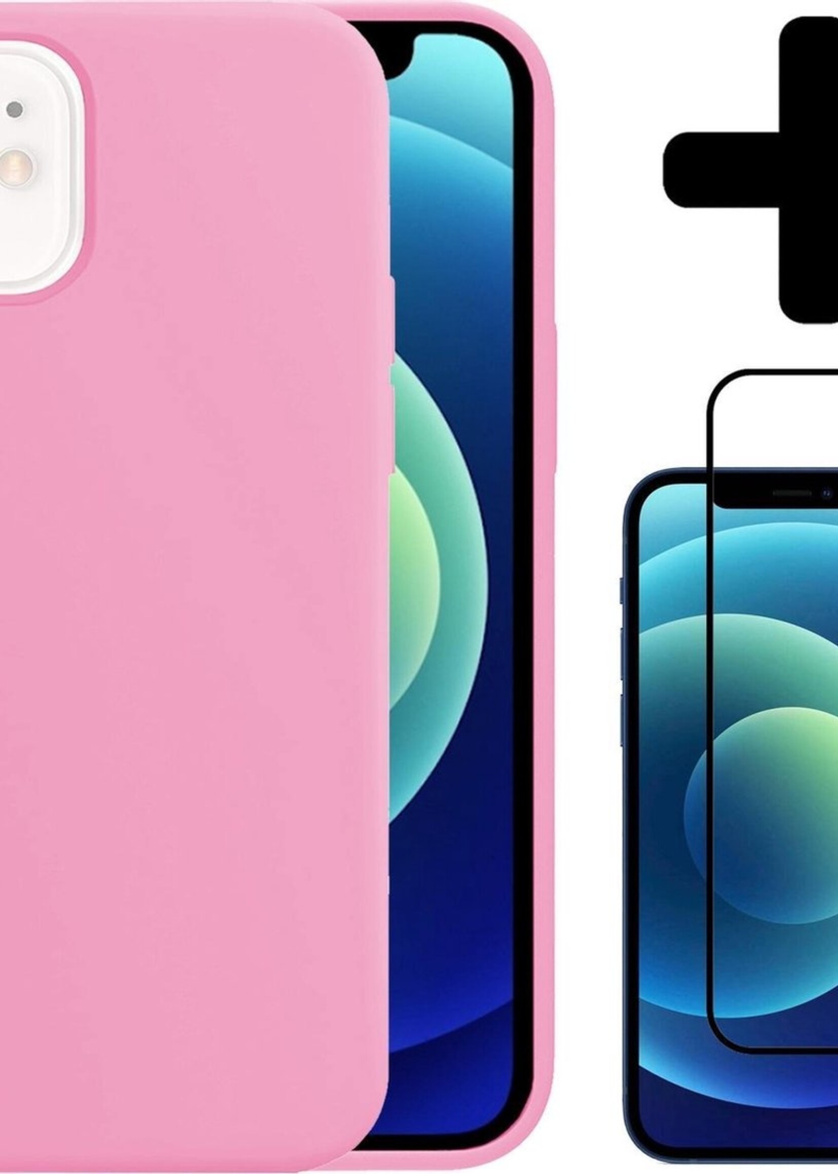 BTH Hoesje Geschikt voor iPhone 12 Mini Hoesje Siliconen Case Hoes Met Screenprotector - Hoes Geschikt voor iPhone 12 Mini Hoes Cover Case - Lichtroze
