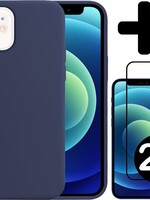 BTH BTH iPhone 12 Mini Hoesje Siliconen Donkerblauw En 2x Screenprotector Full Cover