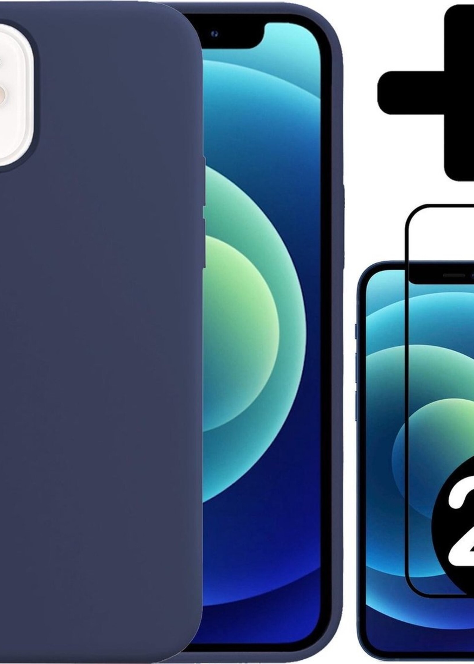 BTH Hoesje Geschikt voor iPhone 12 Mini Hoesje Siliconen Case Hoes Met 2x Screenprotector - Hoes Geschikt voor iPhone 12 Mini Hoes Cover Case - Donkerblauw