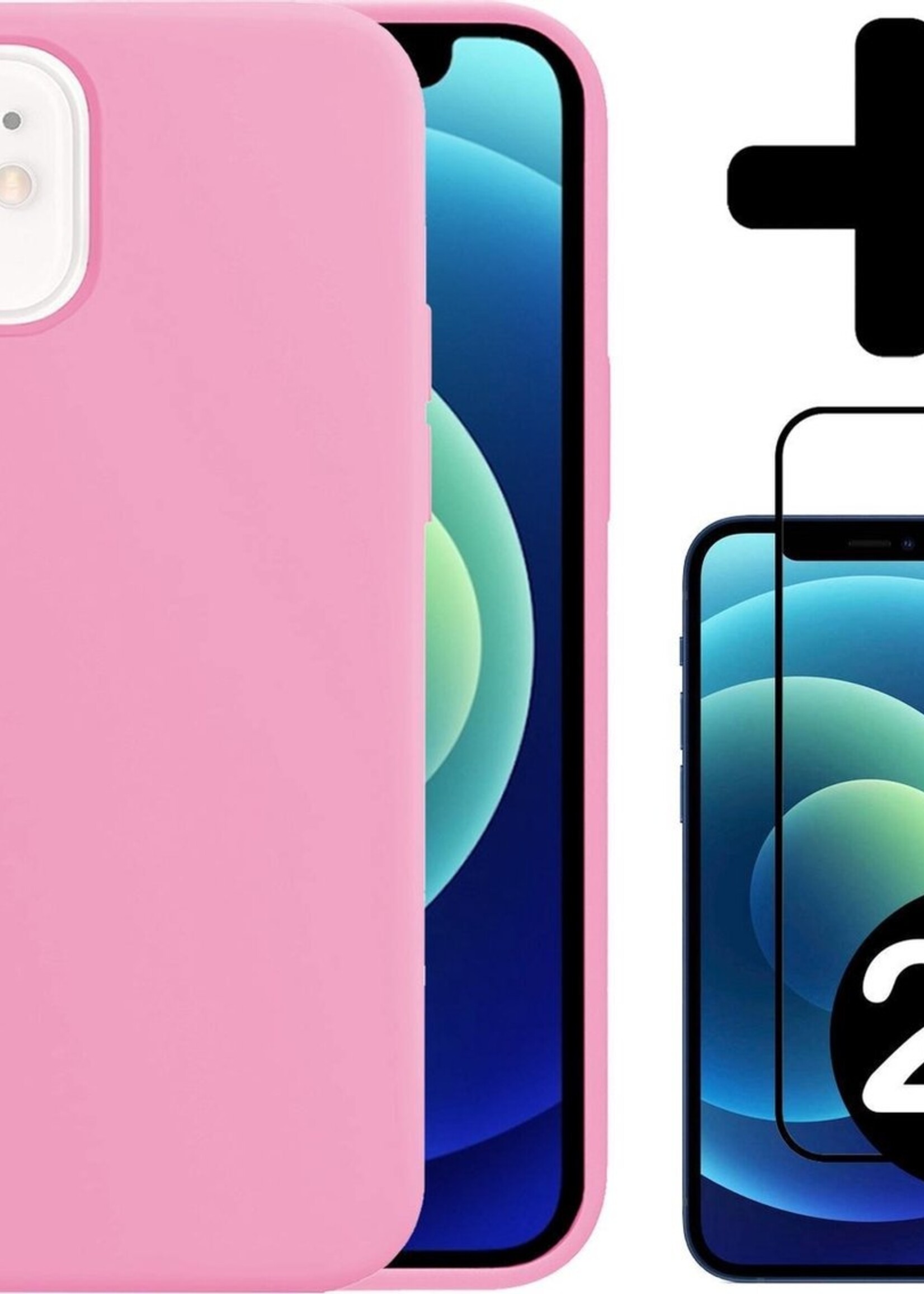 BTH Hoesje Geschikt voor iPhone 12 Mini Hoesje Siliconen Case Hoes Met 2x Screenprotector - Hoes Geschikt voor iPhone 12 Mini Hoes Cover Case - Lichtroze