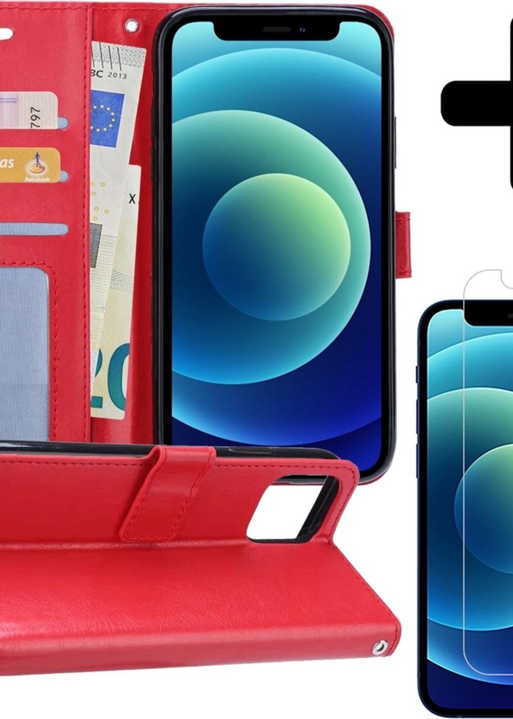 BTH Hoesje Geschikt voor iPhone 12 Mini Hoesje Book Case Hoes Portemonnee Cover Walletcase Met Screenprotector - Hoes Geschikt voor iPhone 12 Mini Hoes Bookcase Hoesje - Rood