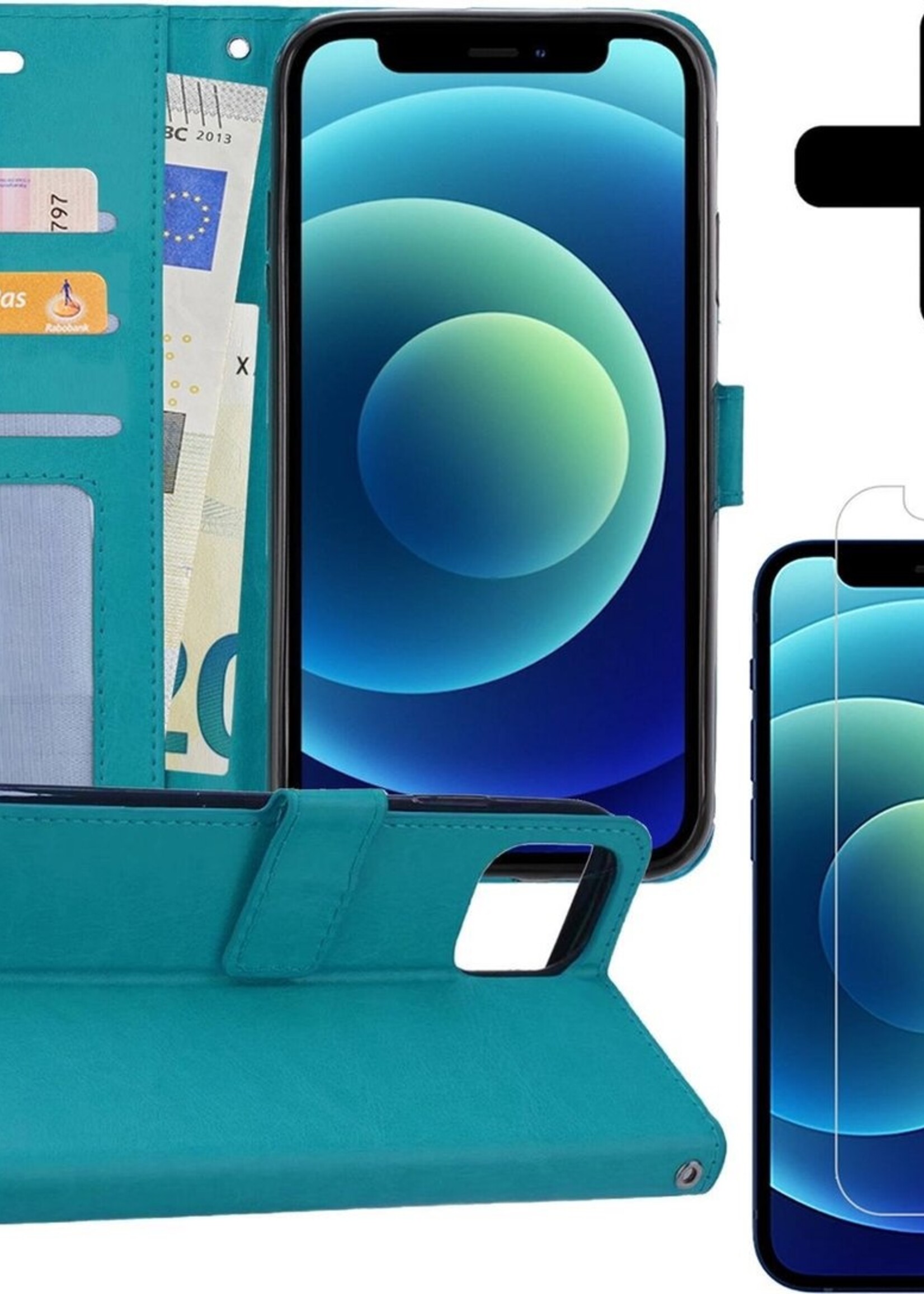 BTH Hoesje Geschikt voor iPhone 12 Mini Hoesje Book Case Hoes Portemonnee Cover Walletcase Met Screenprotector - Hoes Geschikt voor iPhone 12 Mini Hoes Bookcase Hoesje - Turquoise