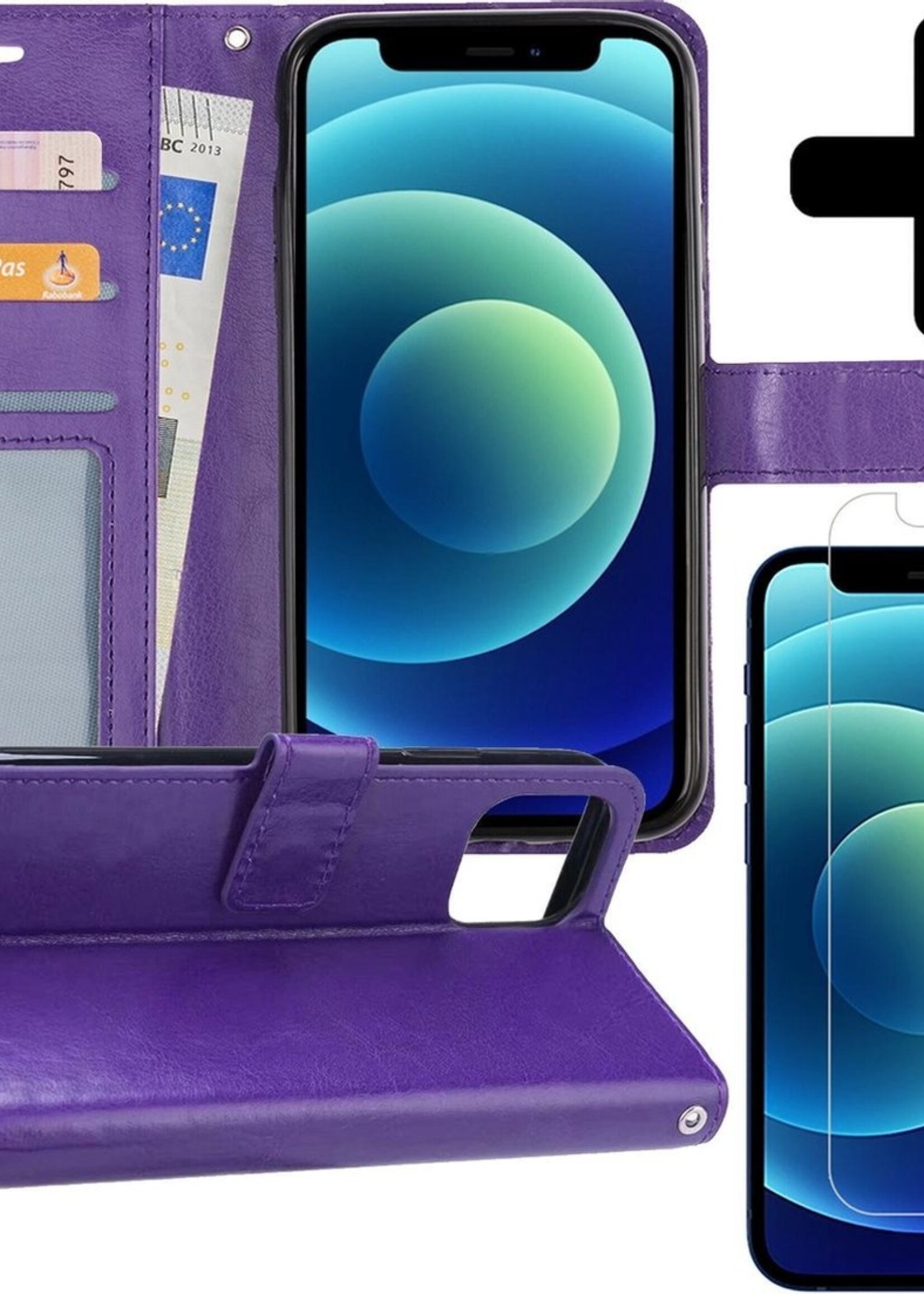BTH Hoesje Geschikt voor iPhone 12 Pro Max Hoesje Book Case Hoes Portemonnee Cover Walletcase Met Screenprotector - Hoes Geschikt voor iPhone 12 Pro Max Hoes Bookcase Hoesje - Paars