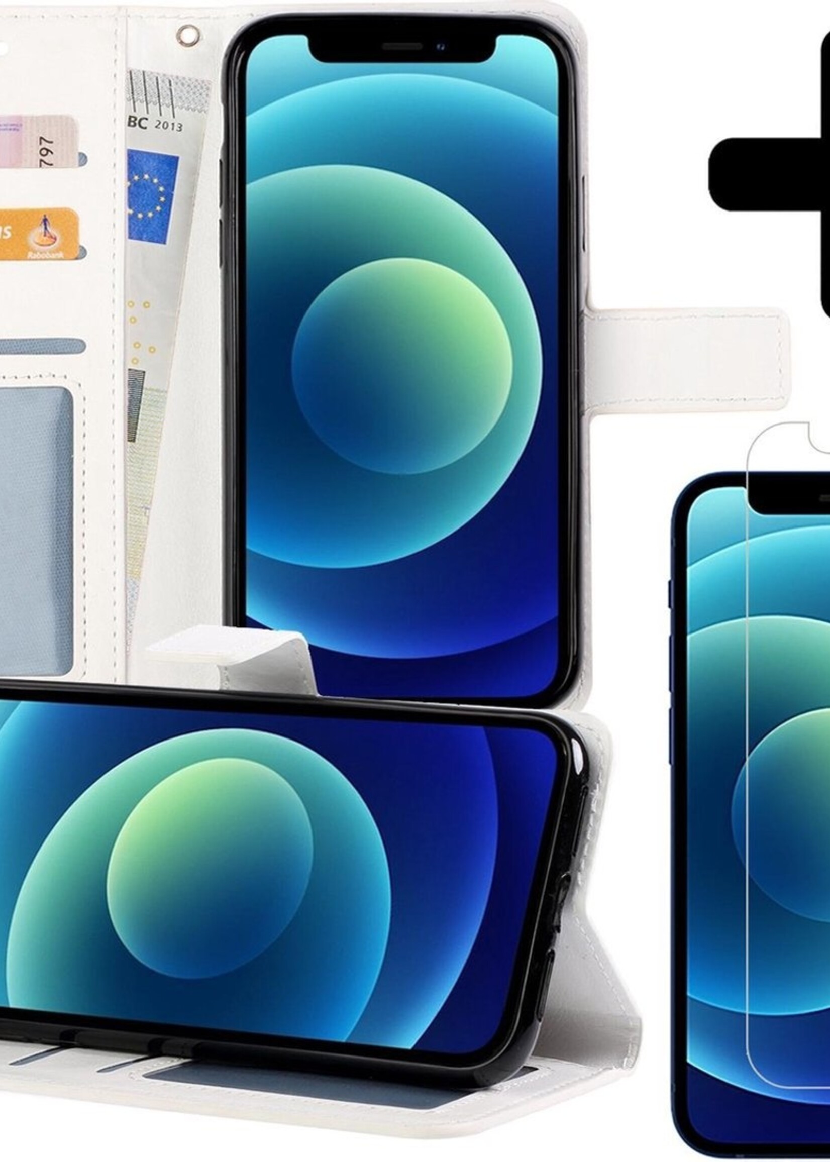 BTH Hoesje Geschikt voor iPhone 12 Pro Max Hoesje Book Case Hoes Portemonnee Cover Walletcase Met Screenprotector - Hoes Geschikt voor iPhone 12 Pro Max Hoes Bookcase Hoesje - Wit