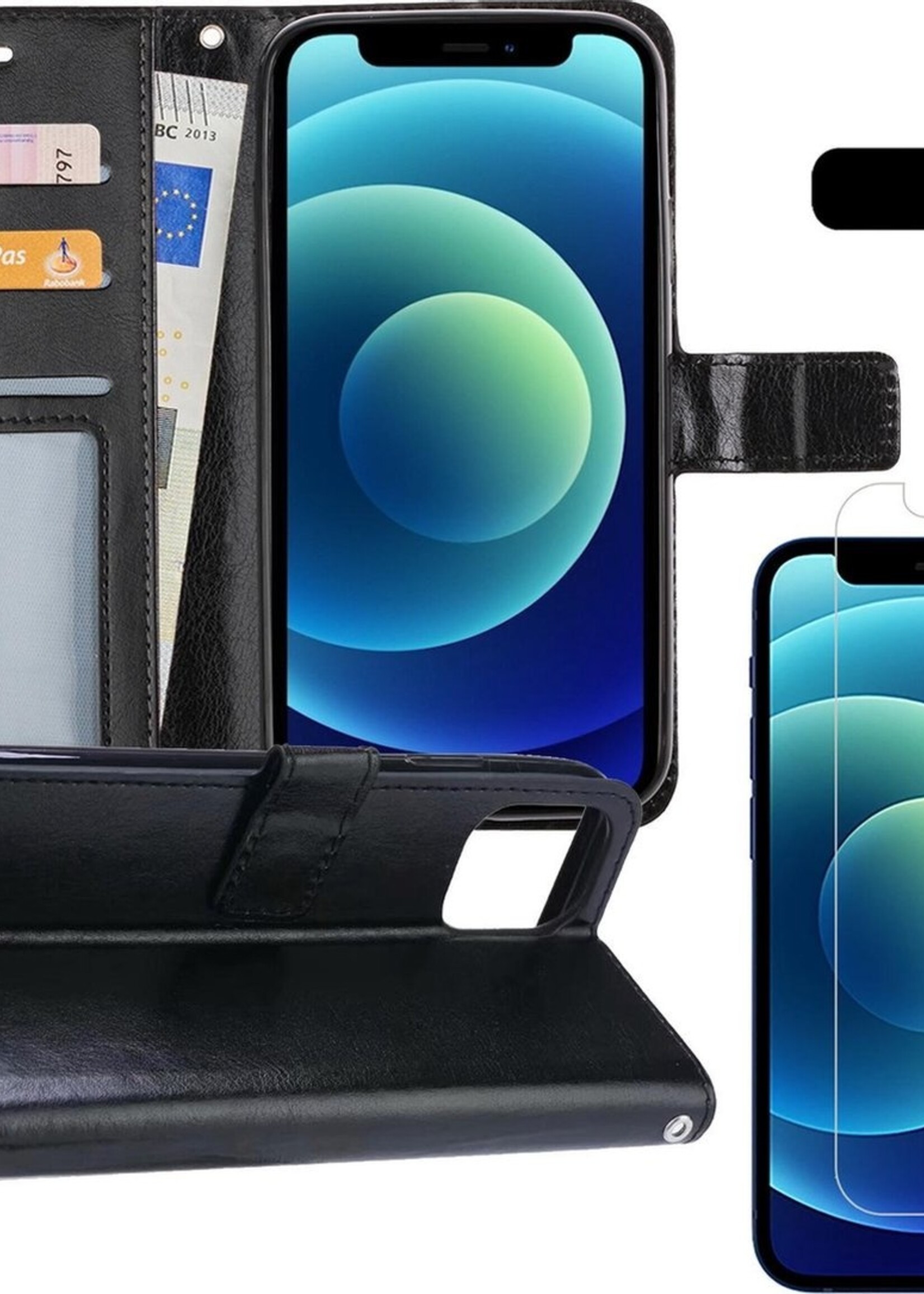 BTH Hoesje Geschikt voor iPhone 12 Pro Max Hoesje Book Case Hoes Portemonnee Cover Walletcase Met Screenprotector - Hoes Geschikt voor iPhone 12 Pro Max Hoes Bookcase Hoesje - Zwart