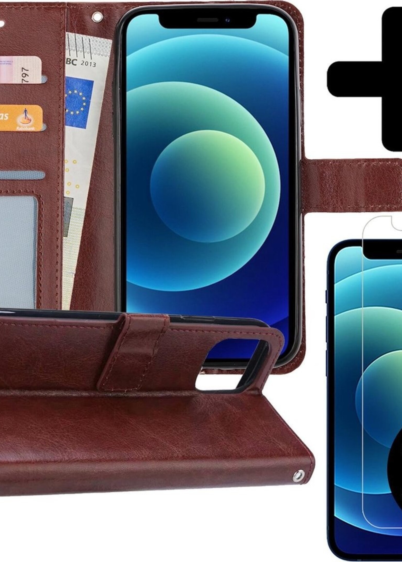BTH Hoesje Geschikt voor iPhone 12 Mini Hoesje Book Case Hoes Portemonnee Cover Walletcase Met 2x Screenprotector - Hoes Geschikt voor iPhone 12 Mini Hoes Bookcase Hoesje - Bruin