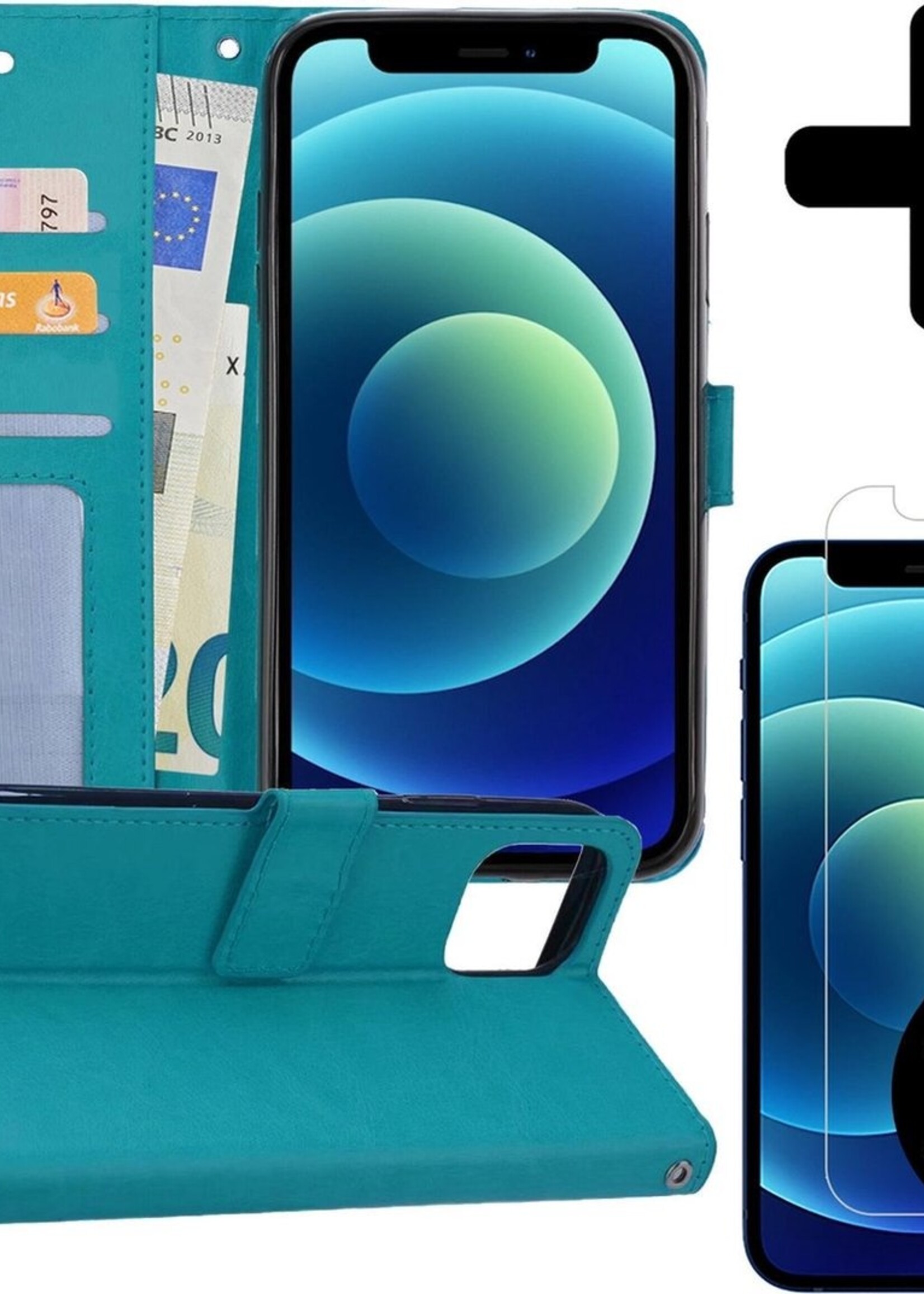 BTH Hoesje Geschikt voor iPhone 12 Mini Hoesje Book Case Hoes Portemonnee Cover Walletcase Met 2x Screenprotector - Hoes Geschikt voor iPhone 12 Mini Hoes Bookcase Hoesje - Turquoise