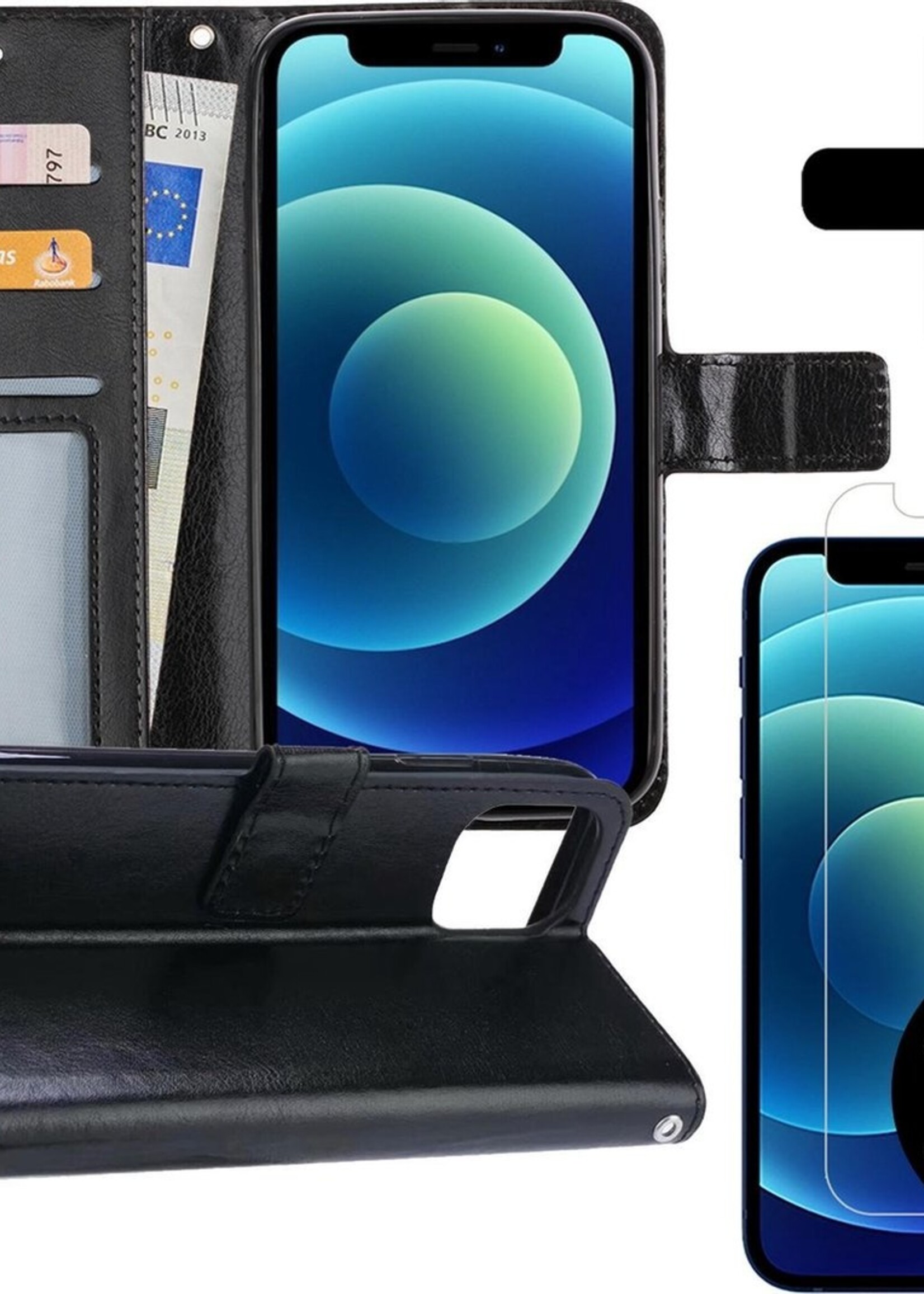 BTH Hoesje Geschikt voor iPhone 12 Mini Hoesje Book Case Hoes Portemonnee Cover Walletcase Met 2x Screenprotector - Hoes Geschikt voor iPhone 12 Mini Hoes Bookcase Hoesje - Zwart