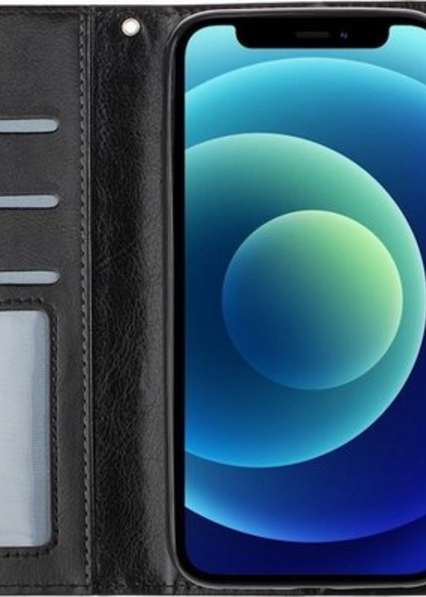 BTH Hoesje Geschikt voor iPhone 12 Mini Hoesje Book Case Hoes Portemonnee Cover Walletcase Met 2x Screenprotector - Hoes Geschikt voor iPhone 12 Mini Hoes Bookcase Hoesje - Zwart