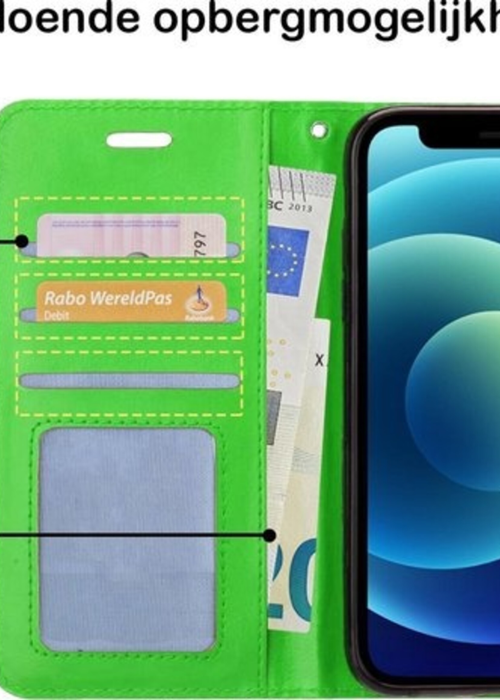 BTH Hoesje Geschikt voor iPhone 12 Pro Max Hoesje Book Case Hoes Portemonnee Cover Walletcase Met 2x Screenprotector - Hoes Geschikt voor iPhone 12 Pro Max Hoes Bookcase Hoesje - Groen