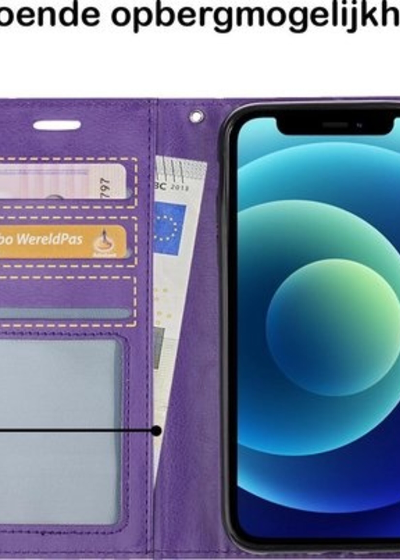 BTH Hoesje Geschikt voor iPhone 12 Pro Max Hoesje Book Case Hoes Portemonnee Cover Walletcase Met 2x Screenprotector - Hoes Geschikt voor iPhone 12 Pro Max Hoes Bookcase Hoesje - Paars