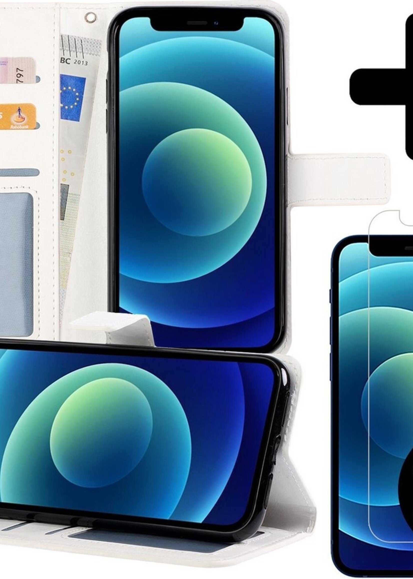 BTH Hoesje Geschikt voor iPhone 12 Pro Max Hoesje Book Case Hoes Portemonnee Cover Walletcase Met 2x Screenprotector - Hoes Geschikt voor iPhone 12 Pro Max Hoes Bookcase Hoesje - Wit