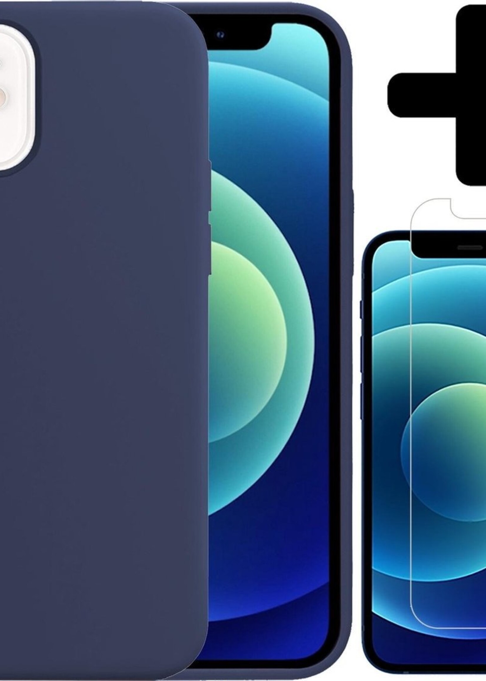 BTH Hoesje Geschikt voor iPhone 12 Mini Hoesje Siliconen Case Hoes Met Screenprotector - Hoes Geschikt voor iPhone 12 Mini Hoes Cover Case - Donkerblauw