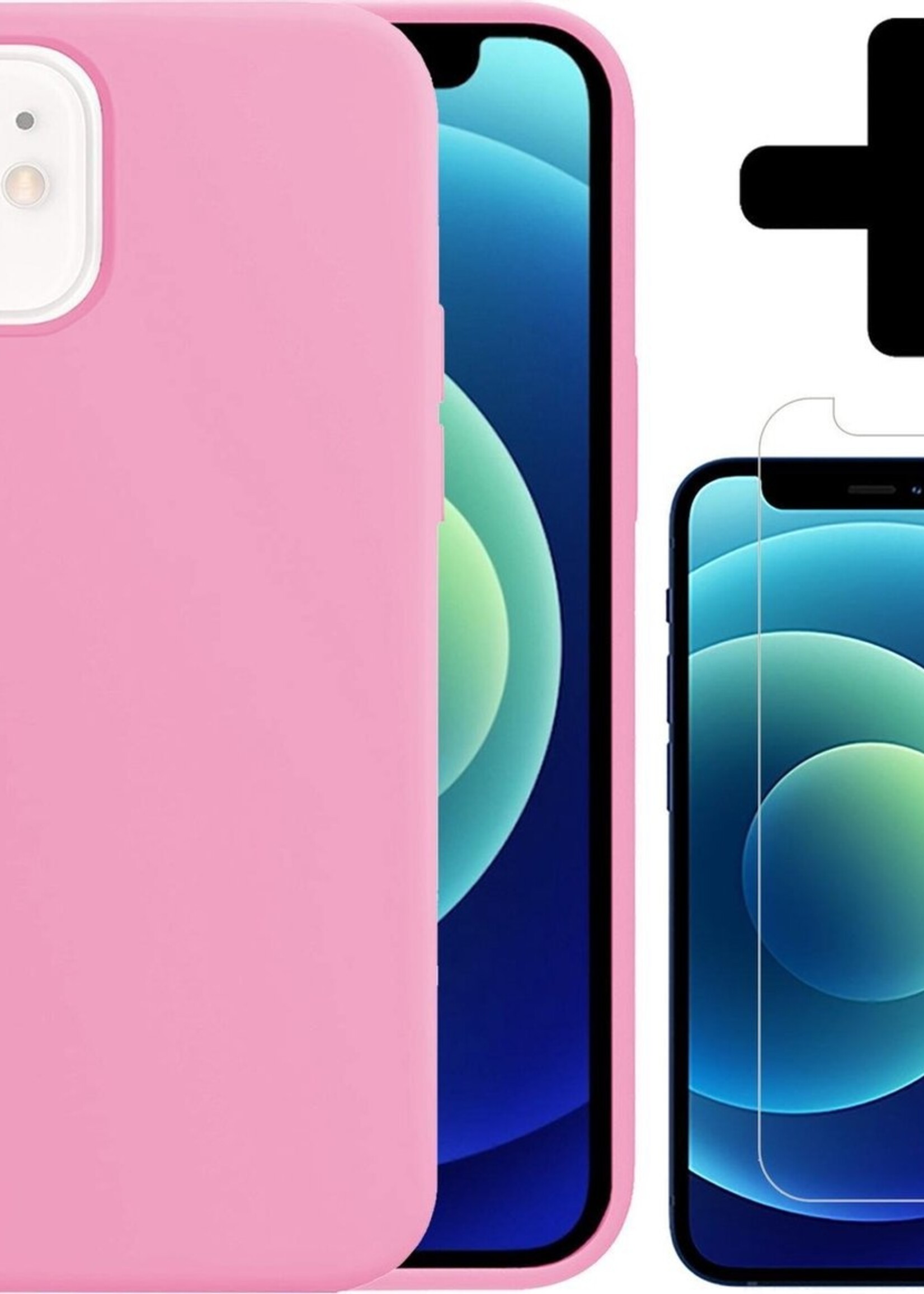 BTH Hoesje Geschikt voor iPhone 12 Mini Hoesje Siliconen Case Hoes Met Screenprotector - Hoes Geschikt voor iPhone 12 Mini Hoes Cover Case - Lichtroze